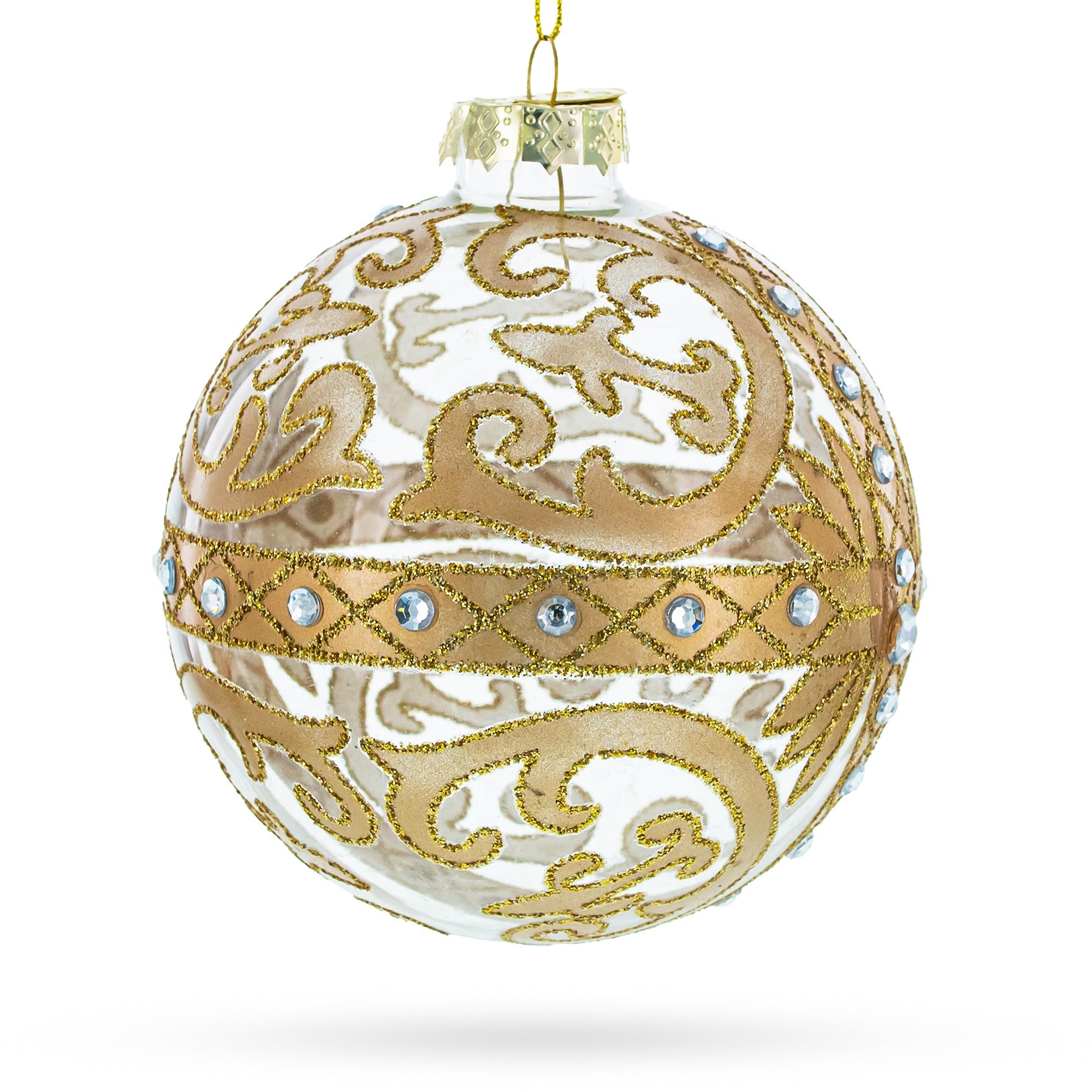 Gold Scroll With Jewel Accents - Opulent Blown Glass Ball Christmas Ornament