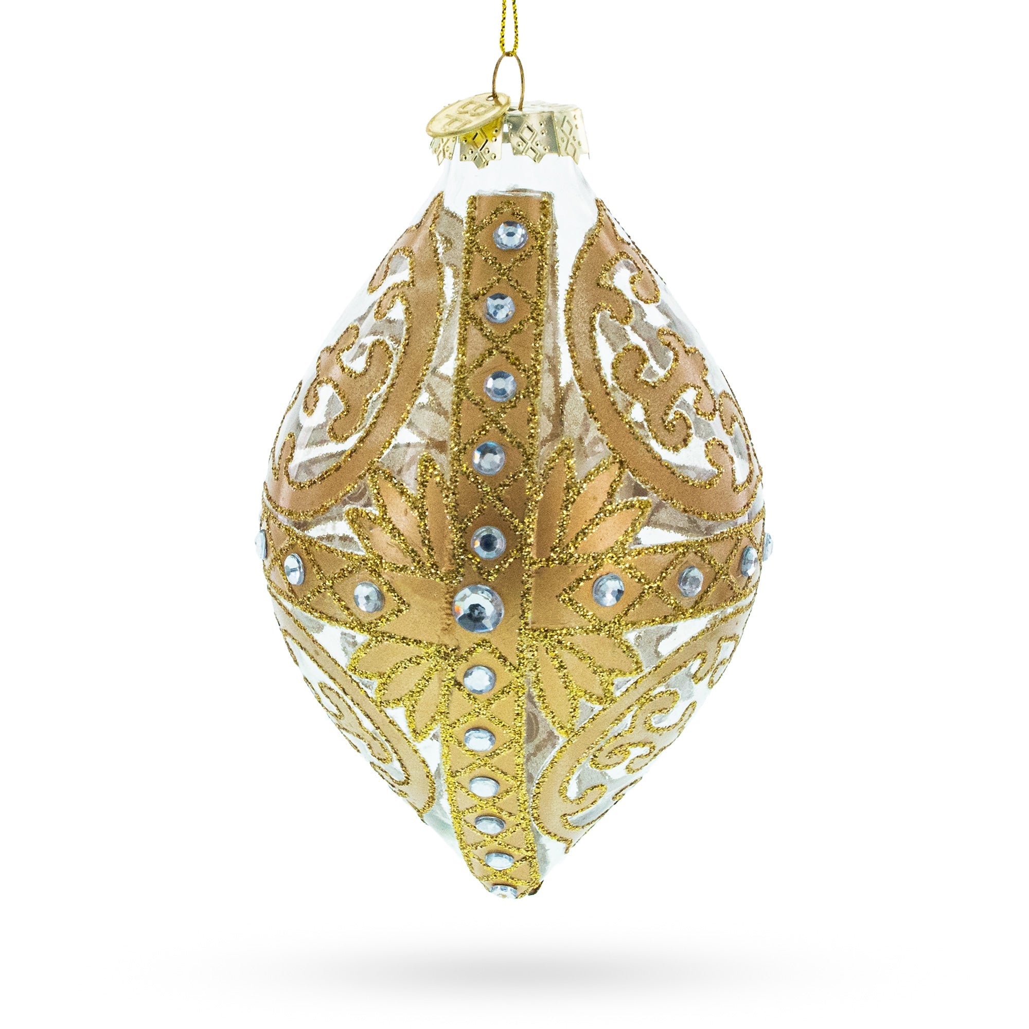 Gold Scroll With Jewel Accents - Elegant Rhombus Finial Blown Glass Christmas Ornament