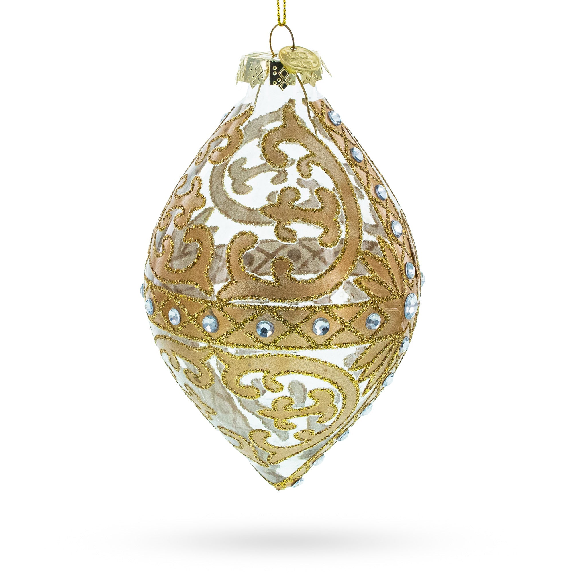 Gold Scroll With Jewel Accents - Elegant Rhombus Finial Blown Glass Christmas Ornament