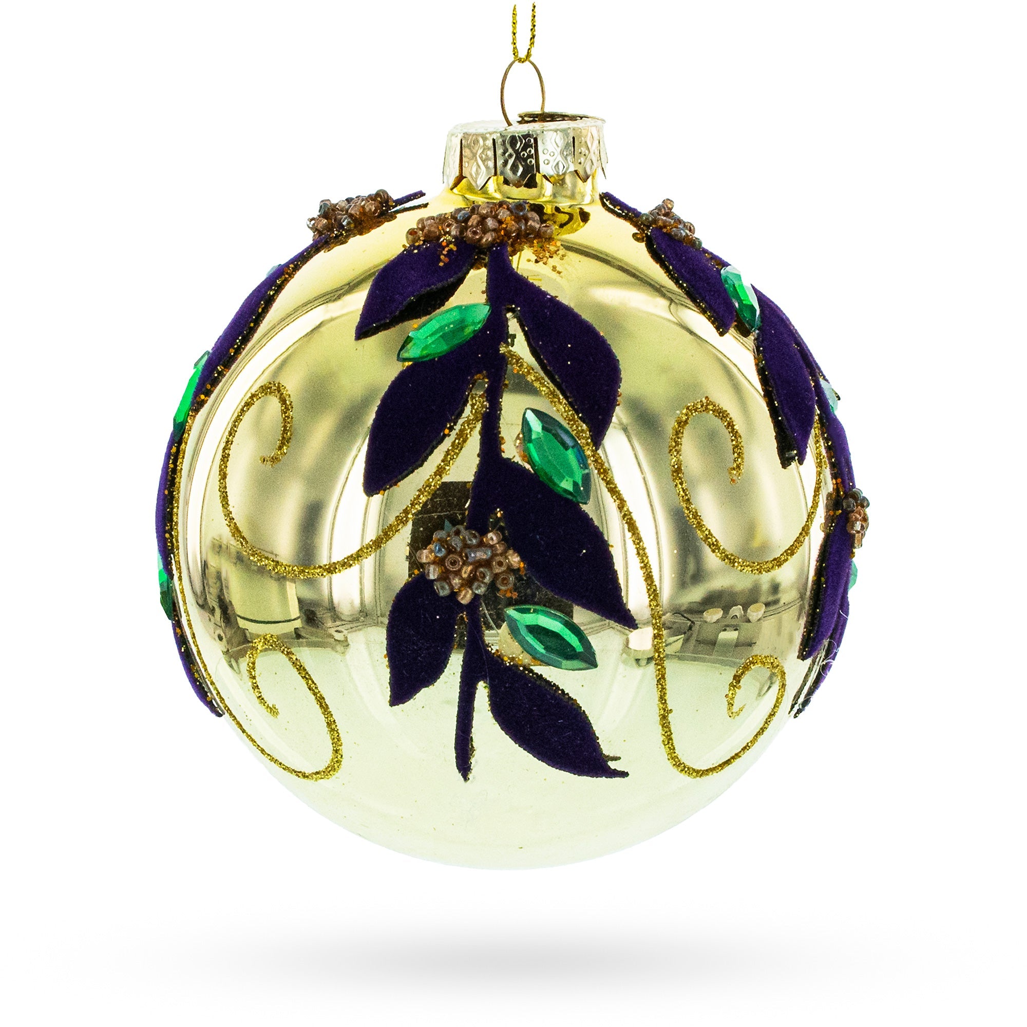 Jeweled Golden Ball - Opulent Blown Glass Christmas Ornament