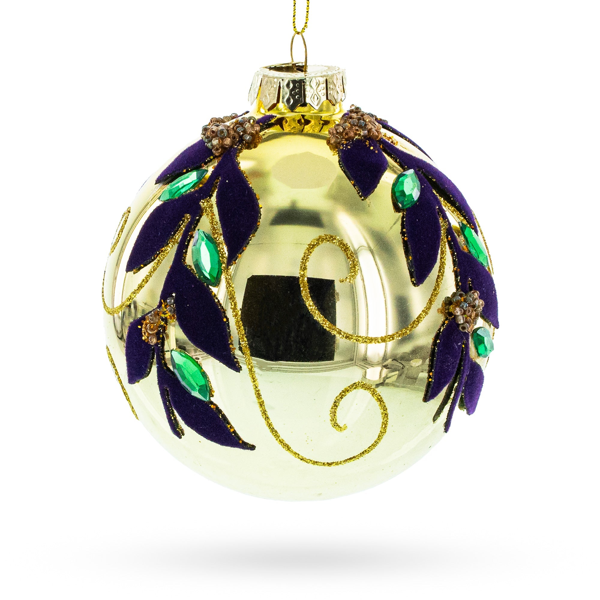 Jeweled Golden Ball - Opulent Blown Glass Christmas Ornament