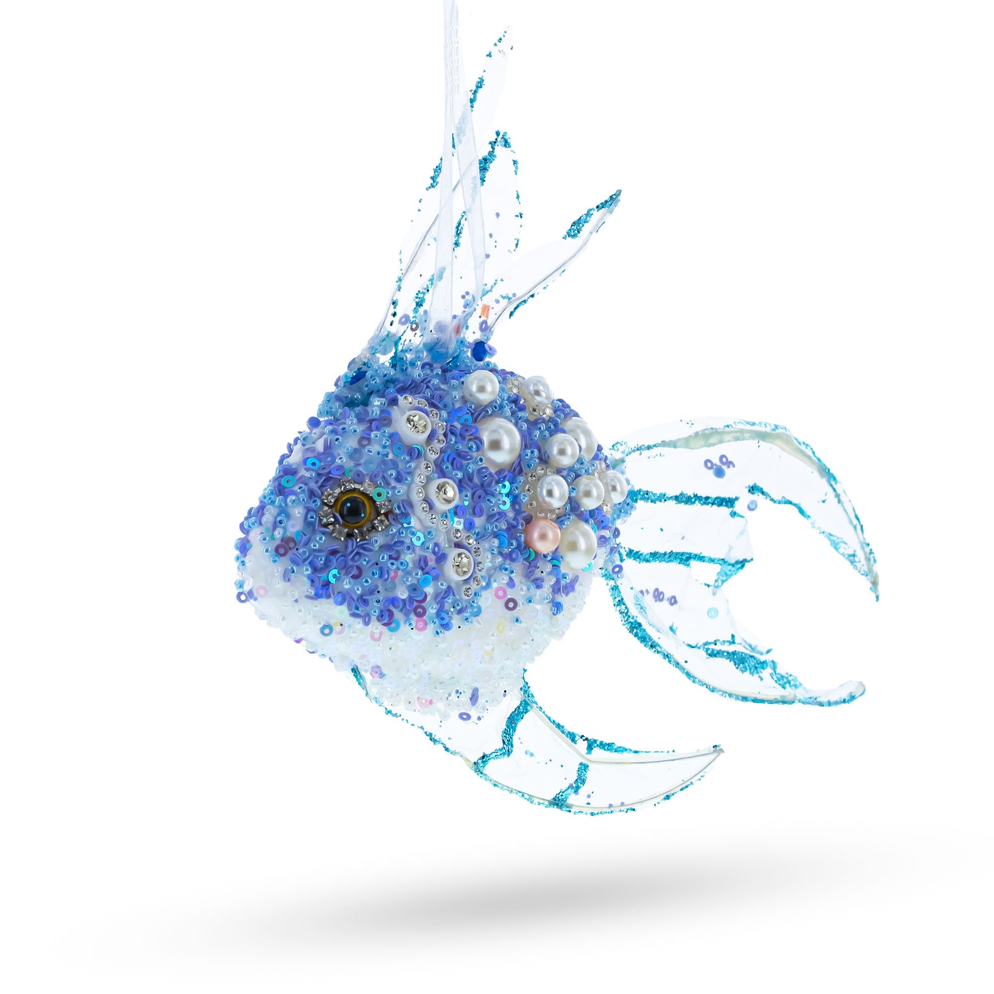 Beaded Blue Coral Reef Fish - Exquisite Blown Glass Christmas Ornament