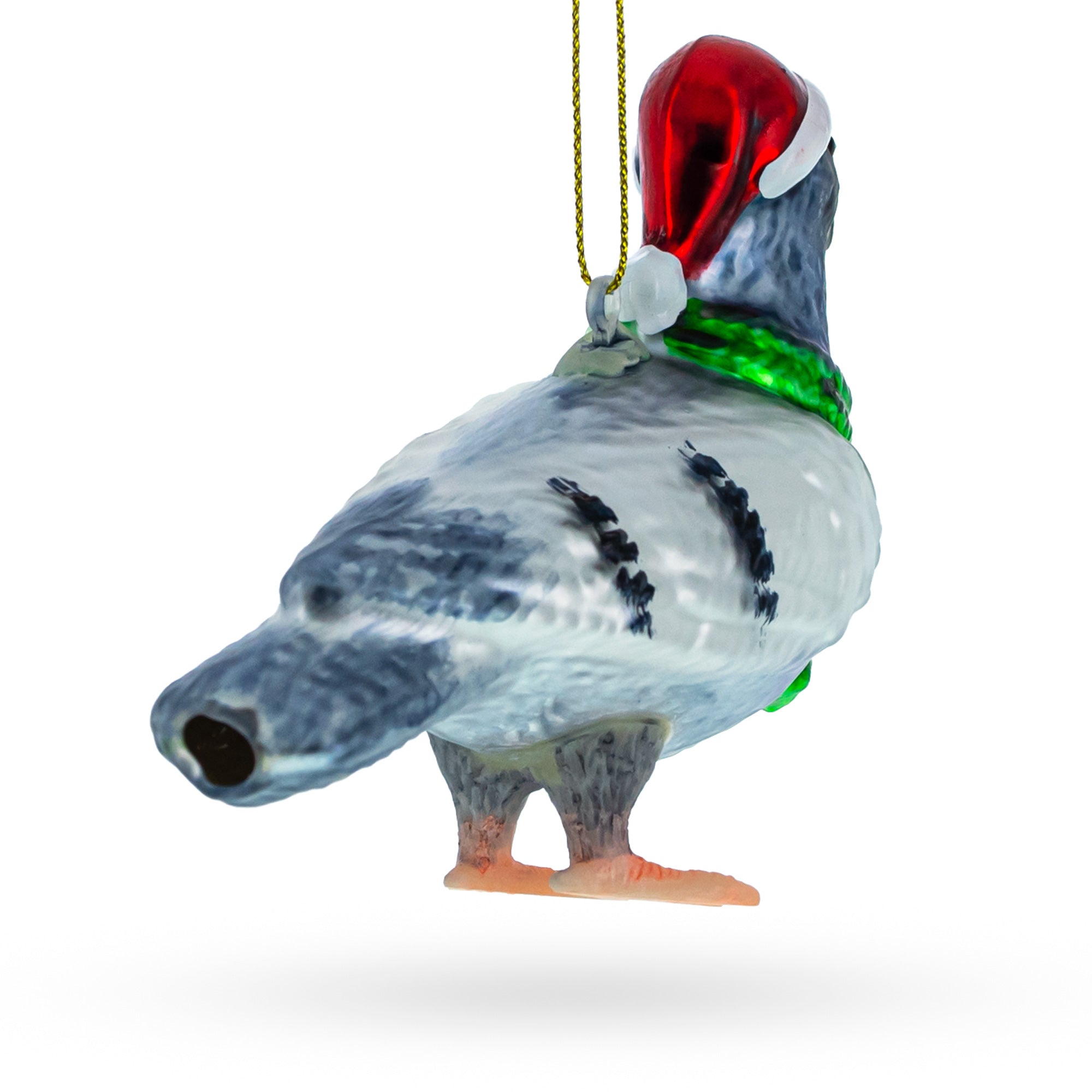 Festive Santa Hat-wearing Pigeon - Blown Glass Christmas Ornament