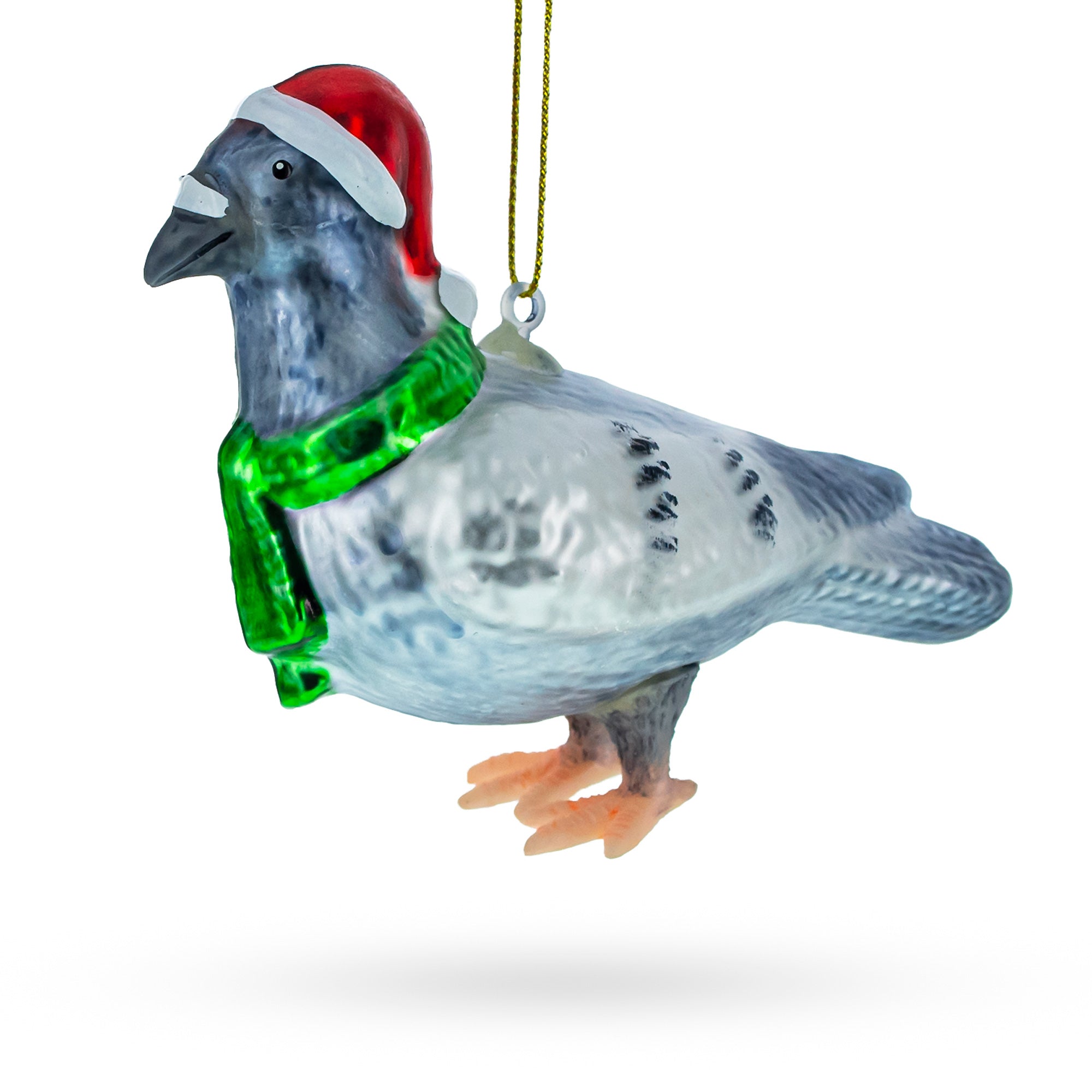 Festive Santa Hat-wearing Pigeon - Blown Glass Christmas Ornament