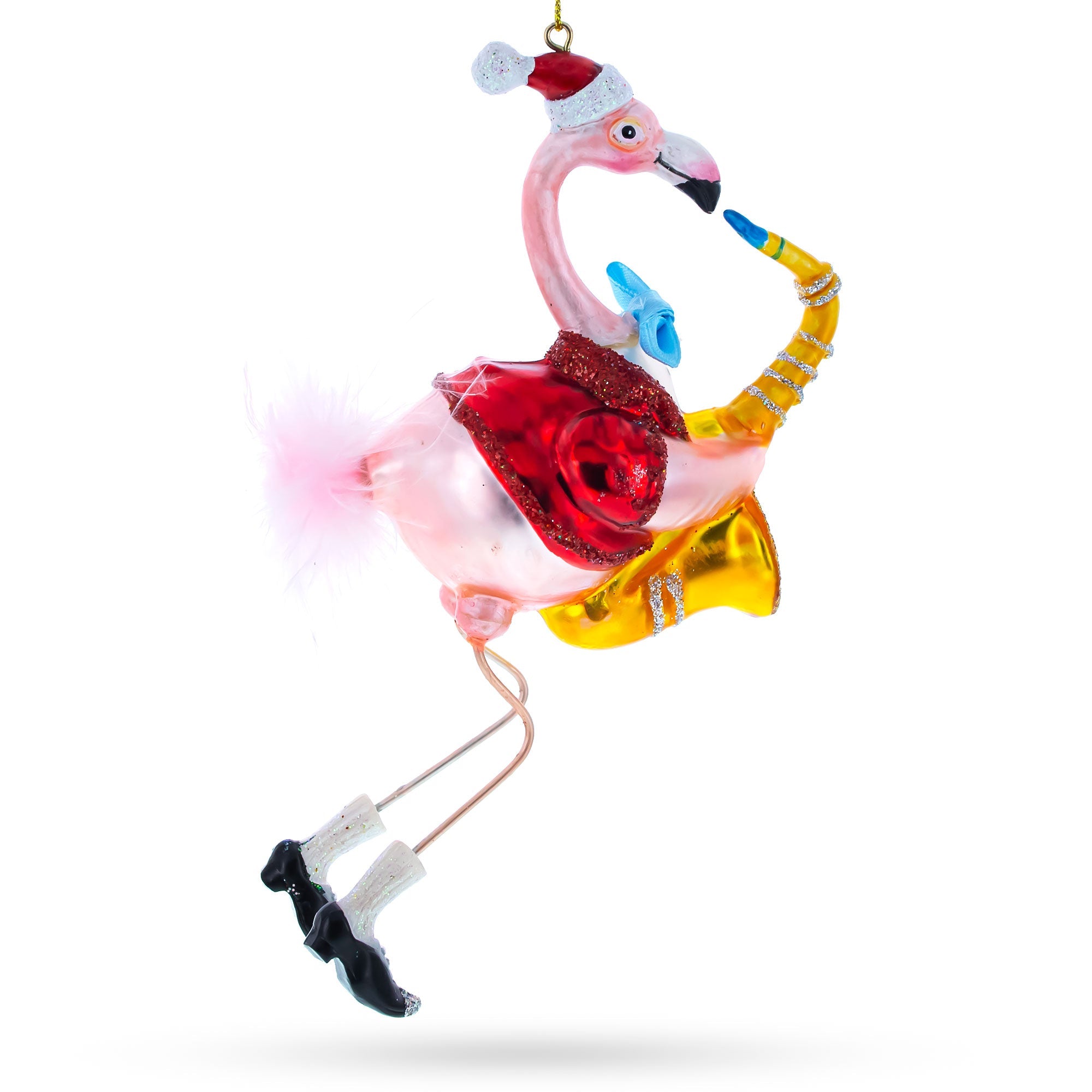 Jazz In The Tropics: Flamingo Playing Saxophone- Blown Glass Christmas Ornament