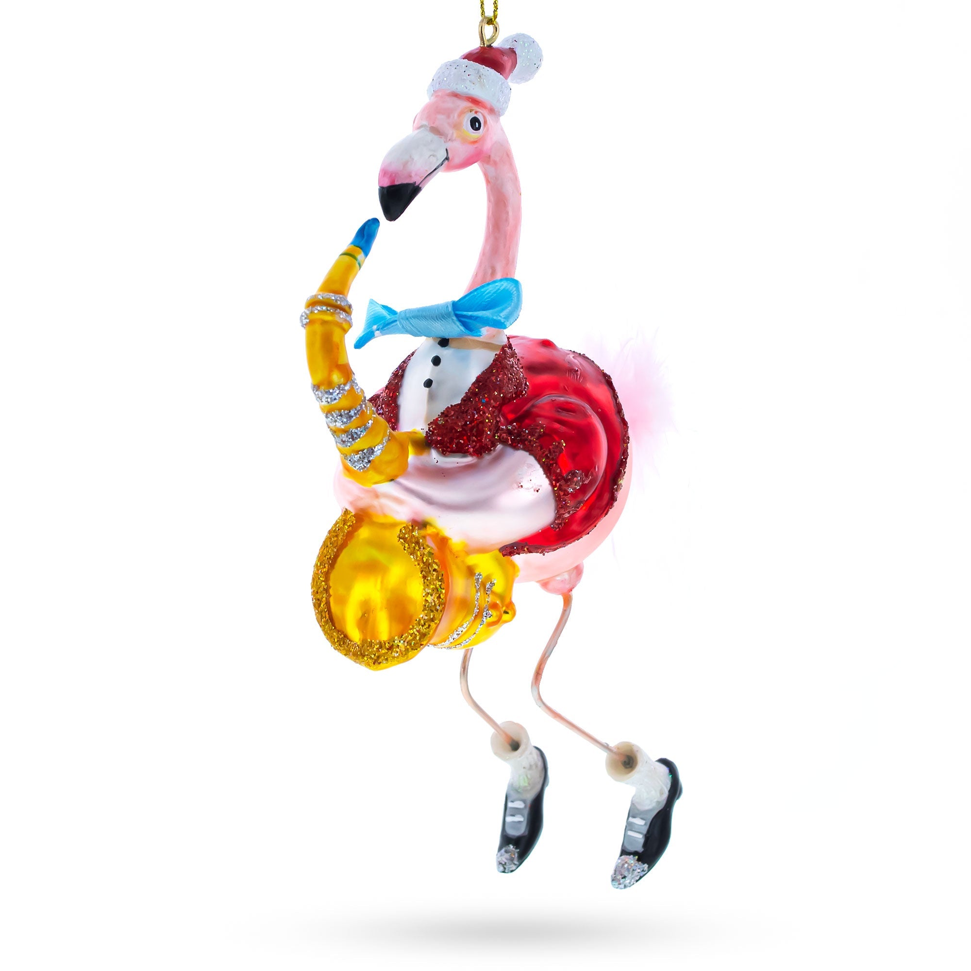 Jazz In The Tropics: Flamingo Playing Saxophone- Blown Glass Christmas Ornament