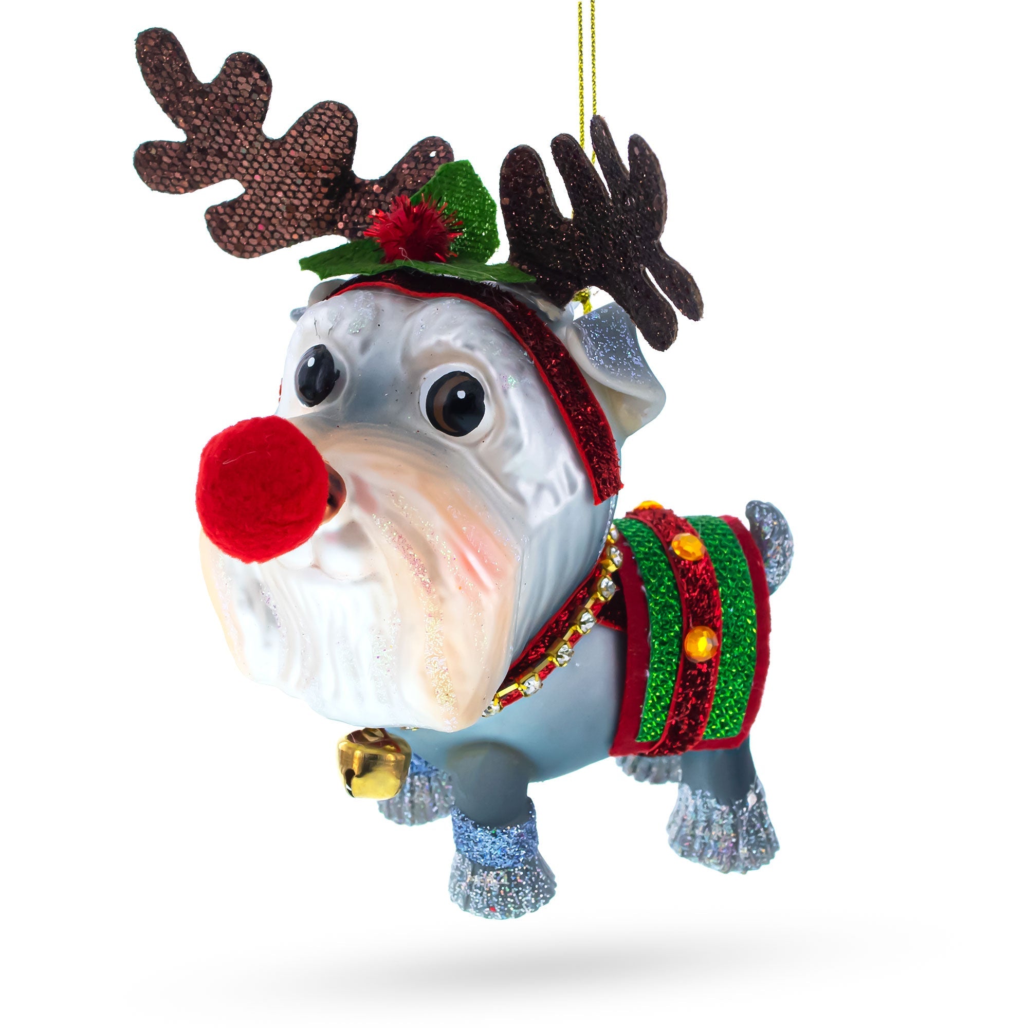 Schnauzer Wearing Reindeer Costume - Blown Glass Christmas Ornament