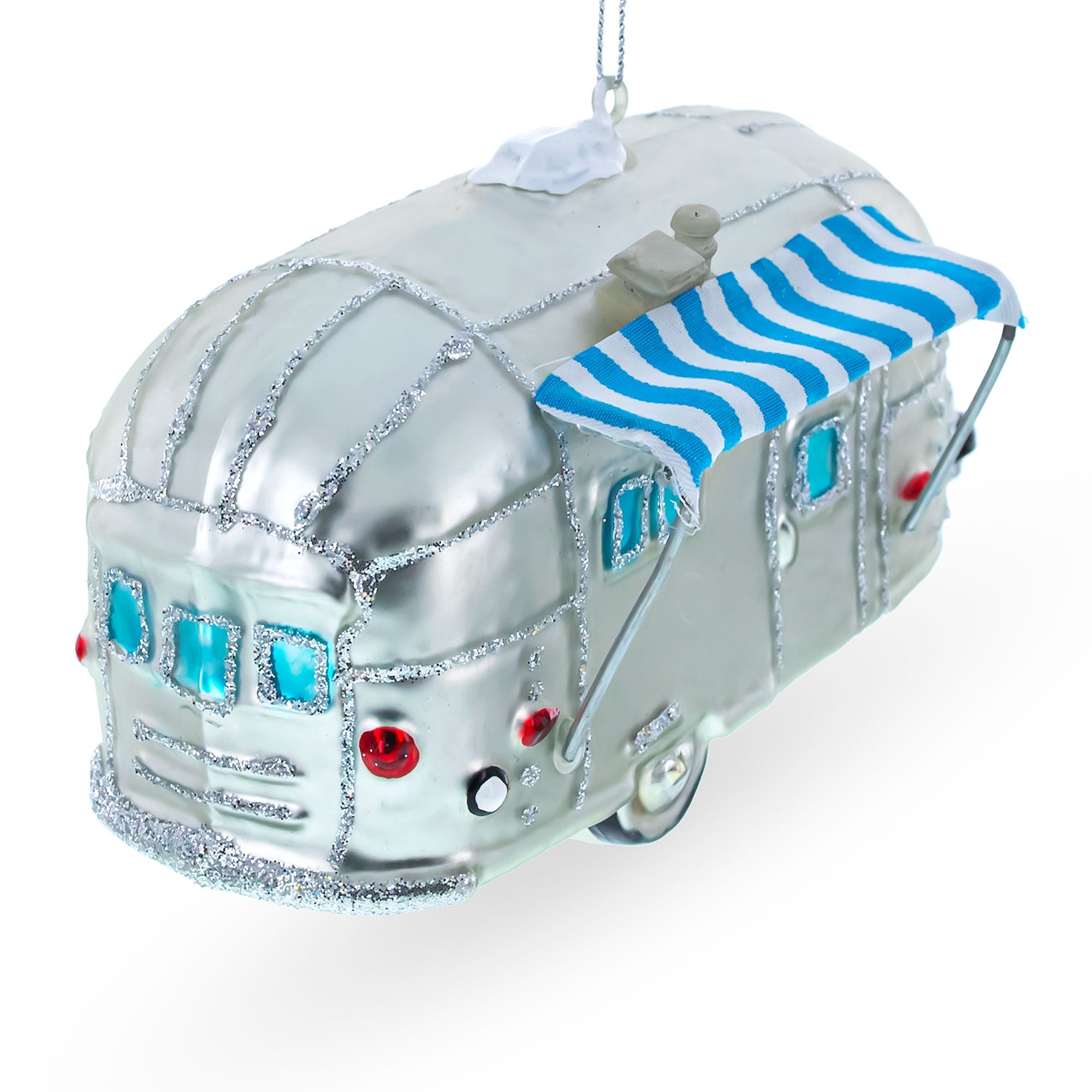 Camper Trailer With Awning - Blown Glass Christmas Ornament