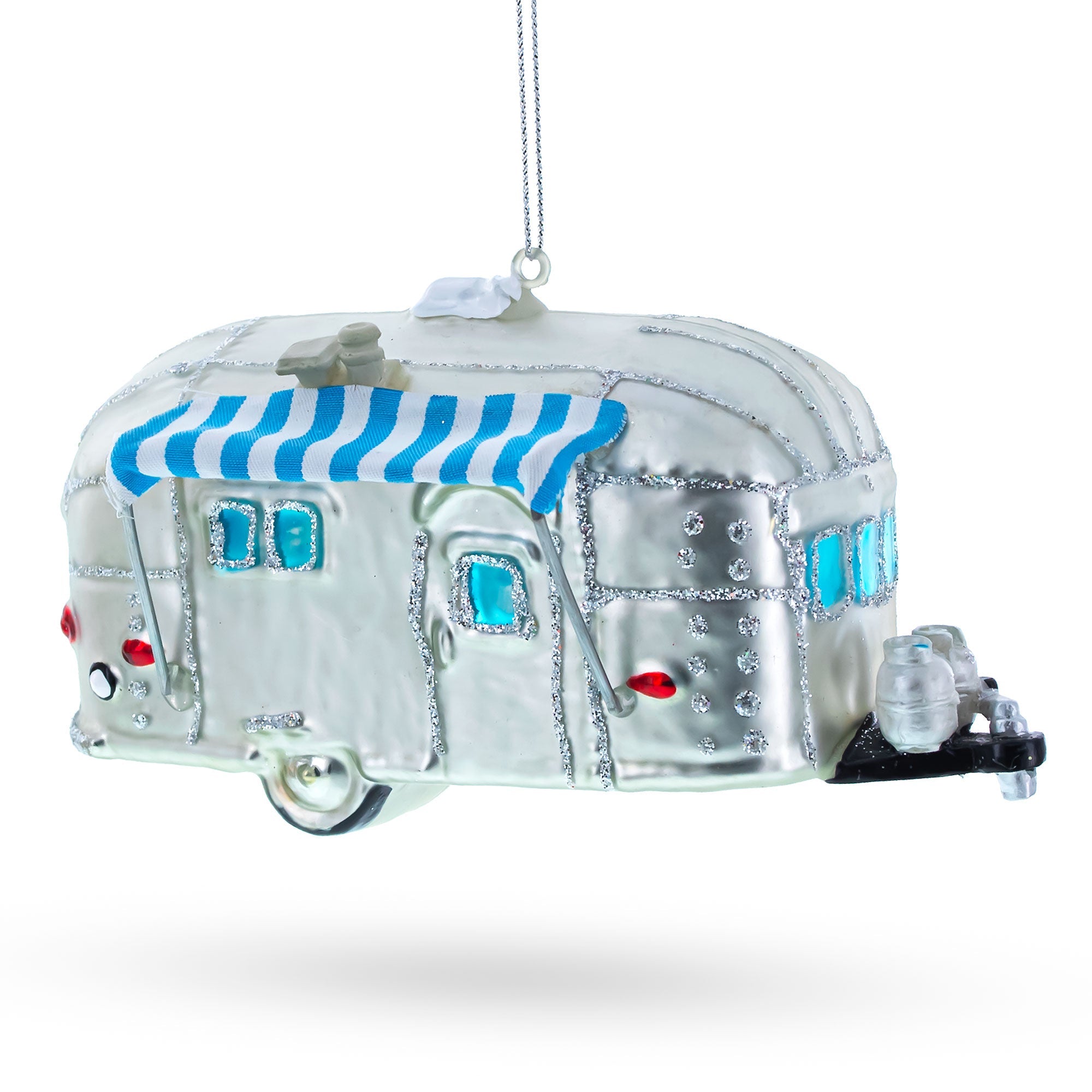 Camper Trailer With Awning - Blown Glass Christmas Ornament