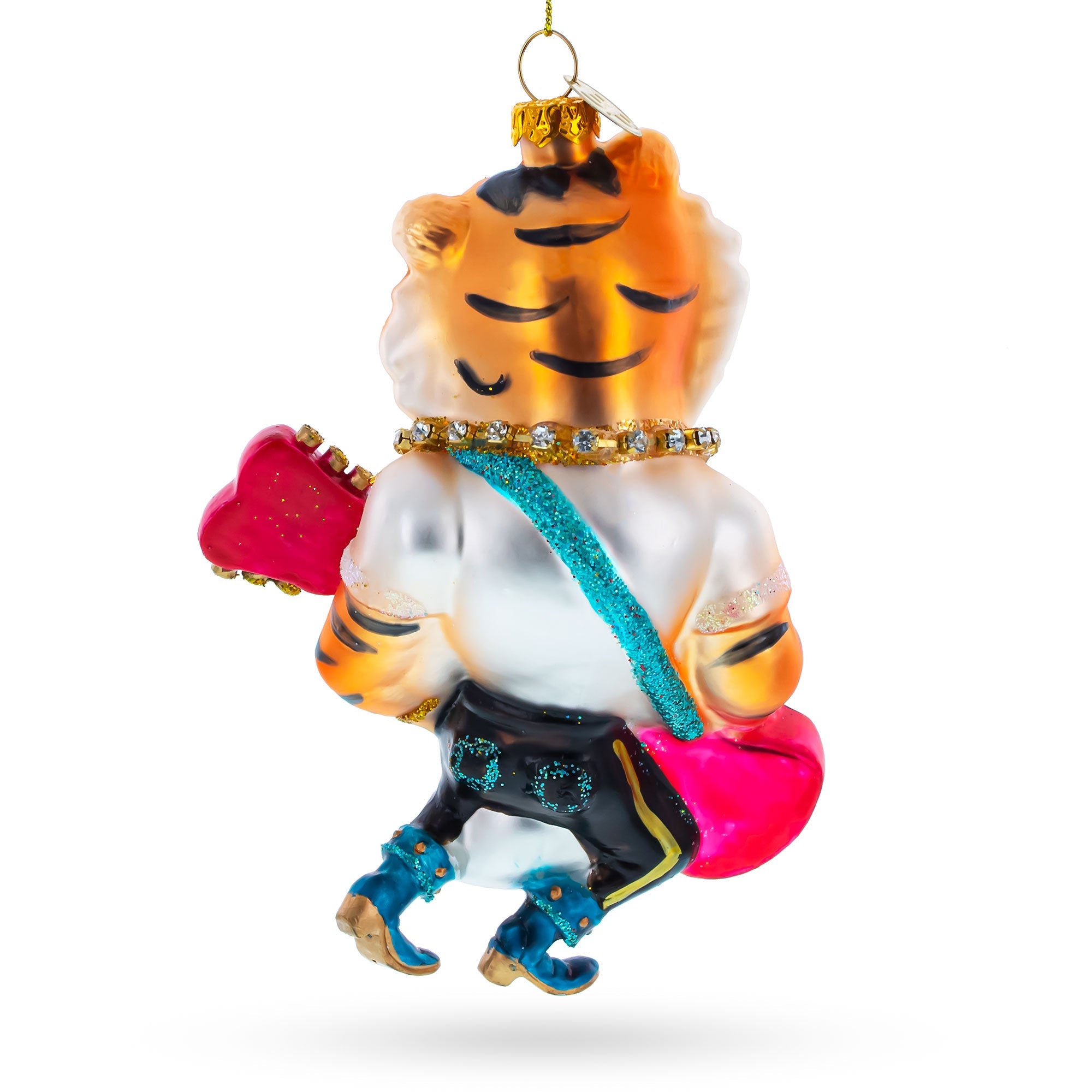 Tiger Playing Bass Guitar - Blown Glass Christmas Ornament