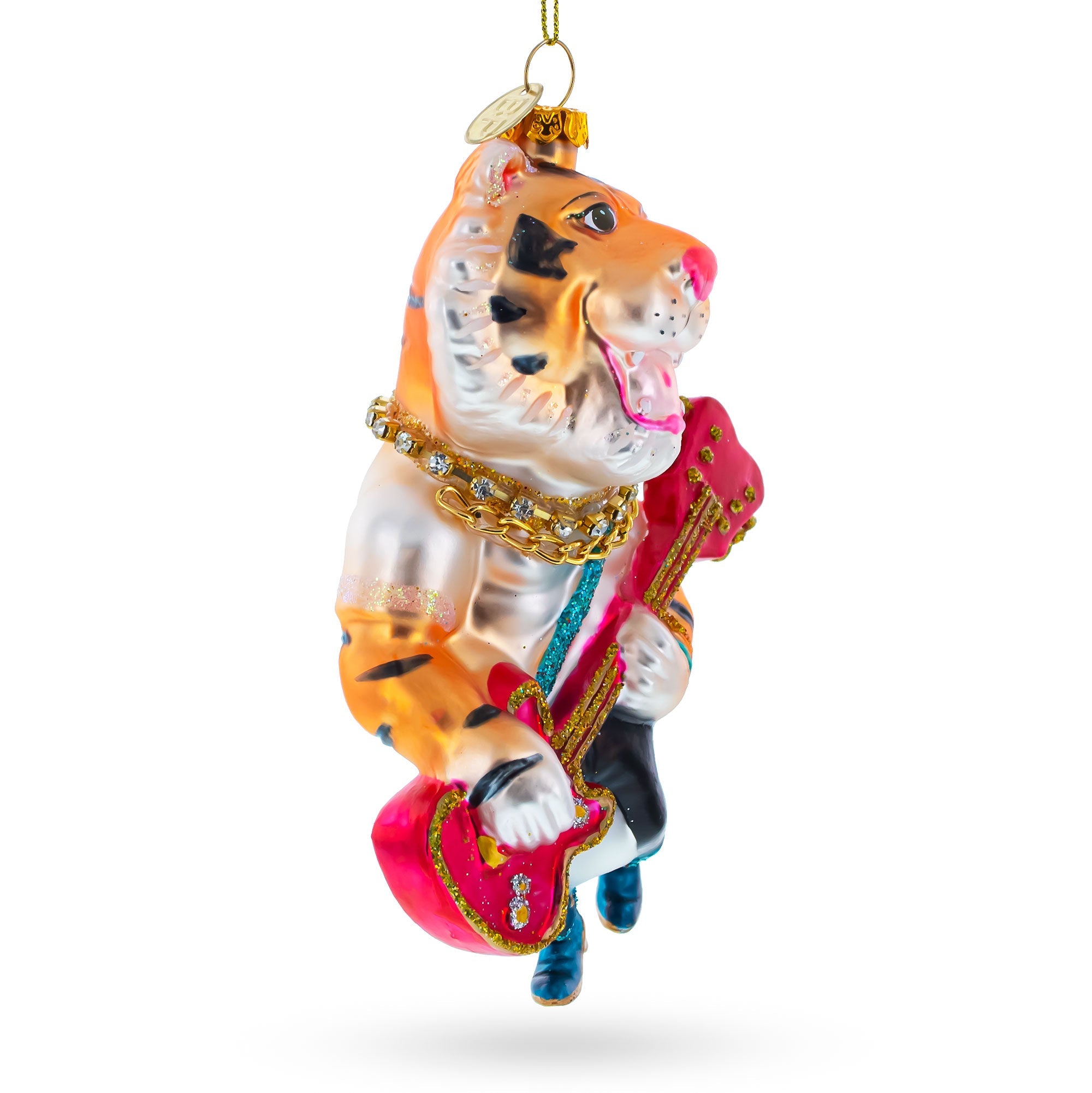 Tiger Playing Bass Guitar - Blown Glass Christmas Ornament