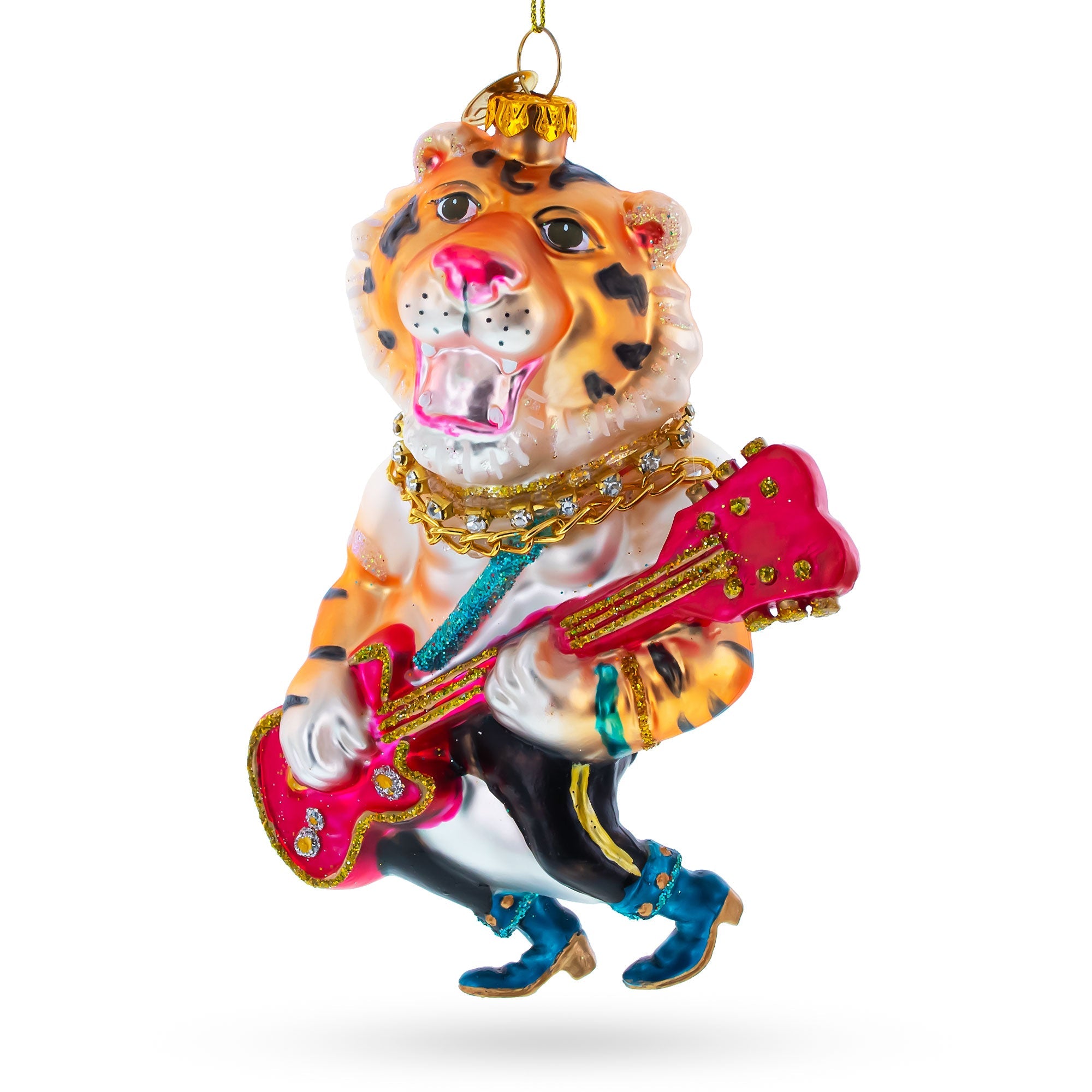 Tiger Playing Bass Guitar - Blown Glass Christmas Ornament