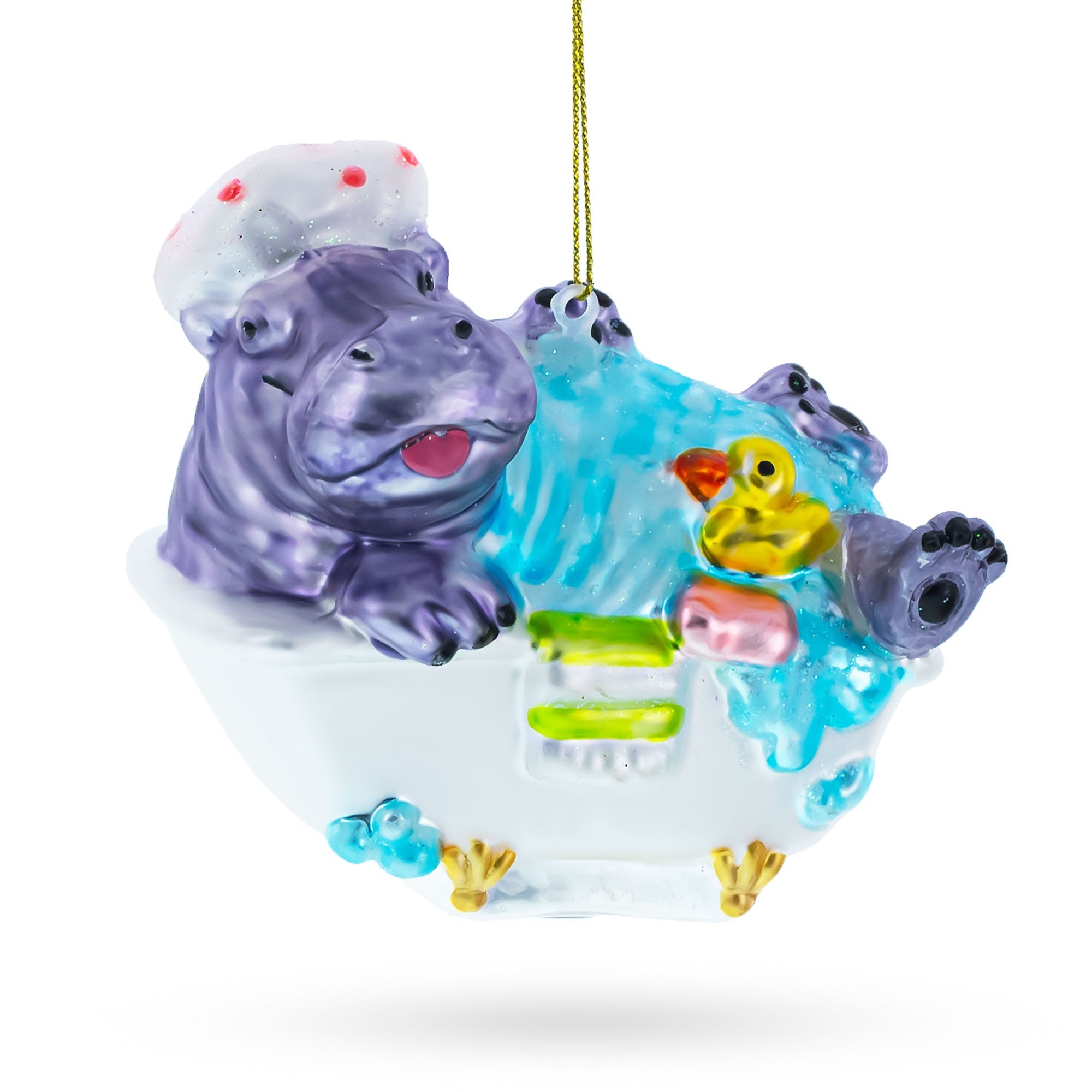 Hippo Taking Bath - Blown Glass Christmas Ornament