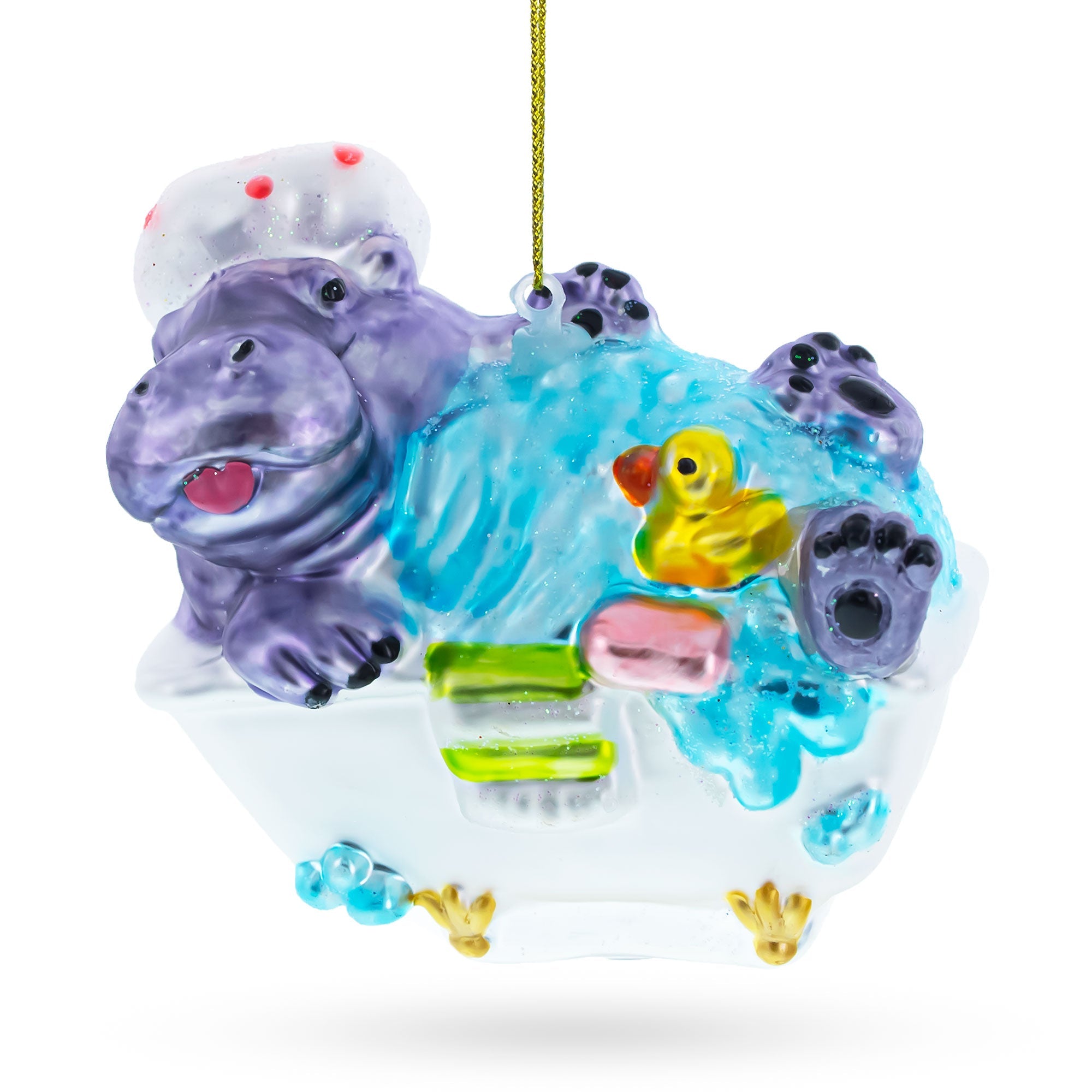 Hippo Taking Bath - Blown Glass Christmas Ornament