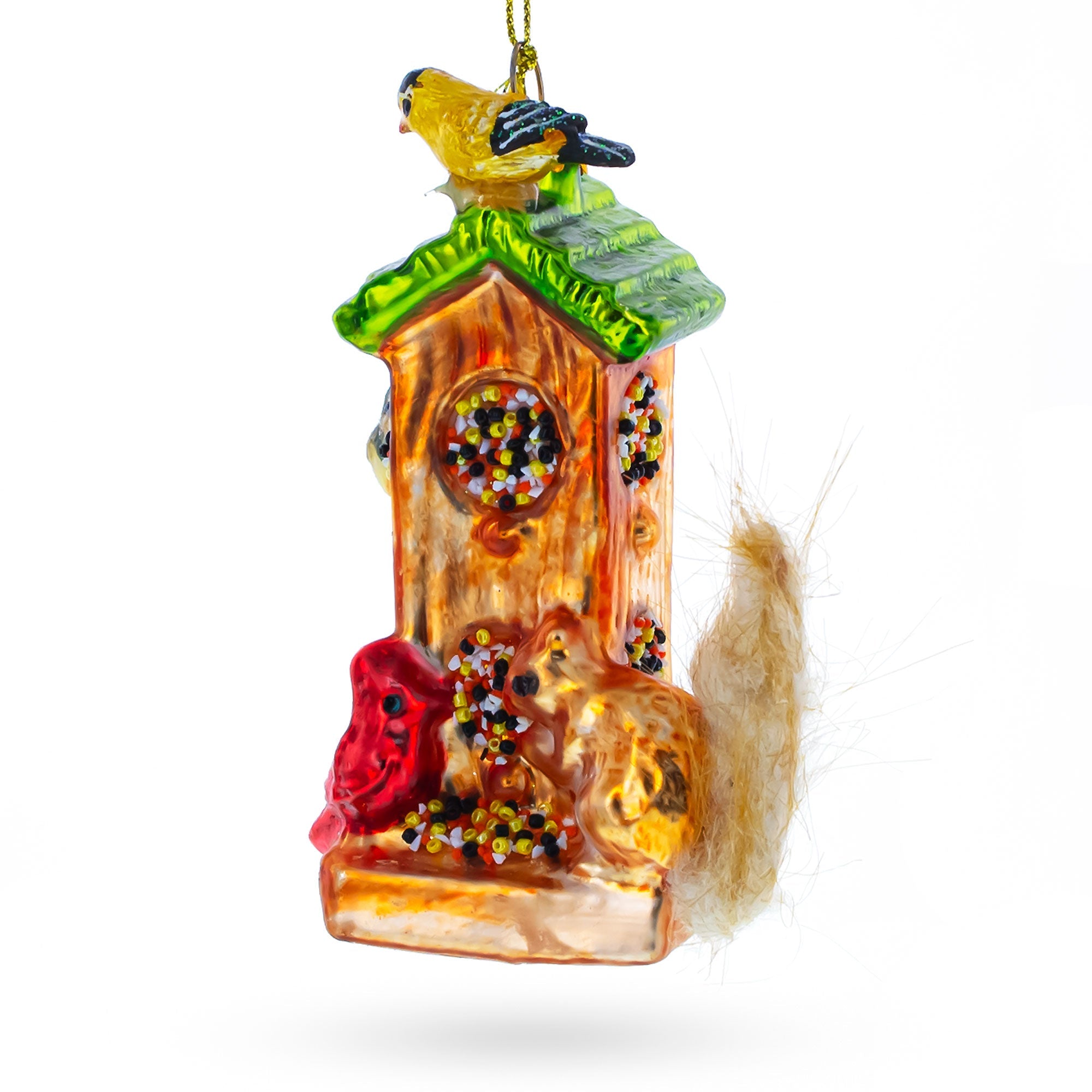 Birds And Squirrel At Birdfeeder - Blown Glass Christmas Ornament