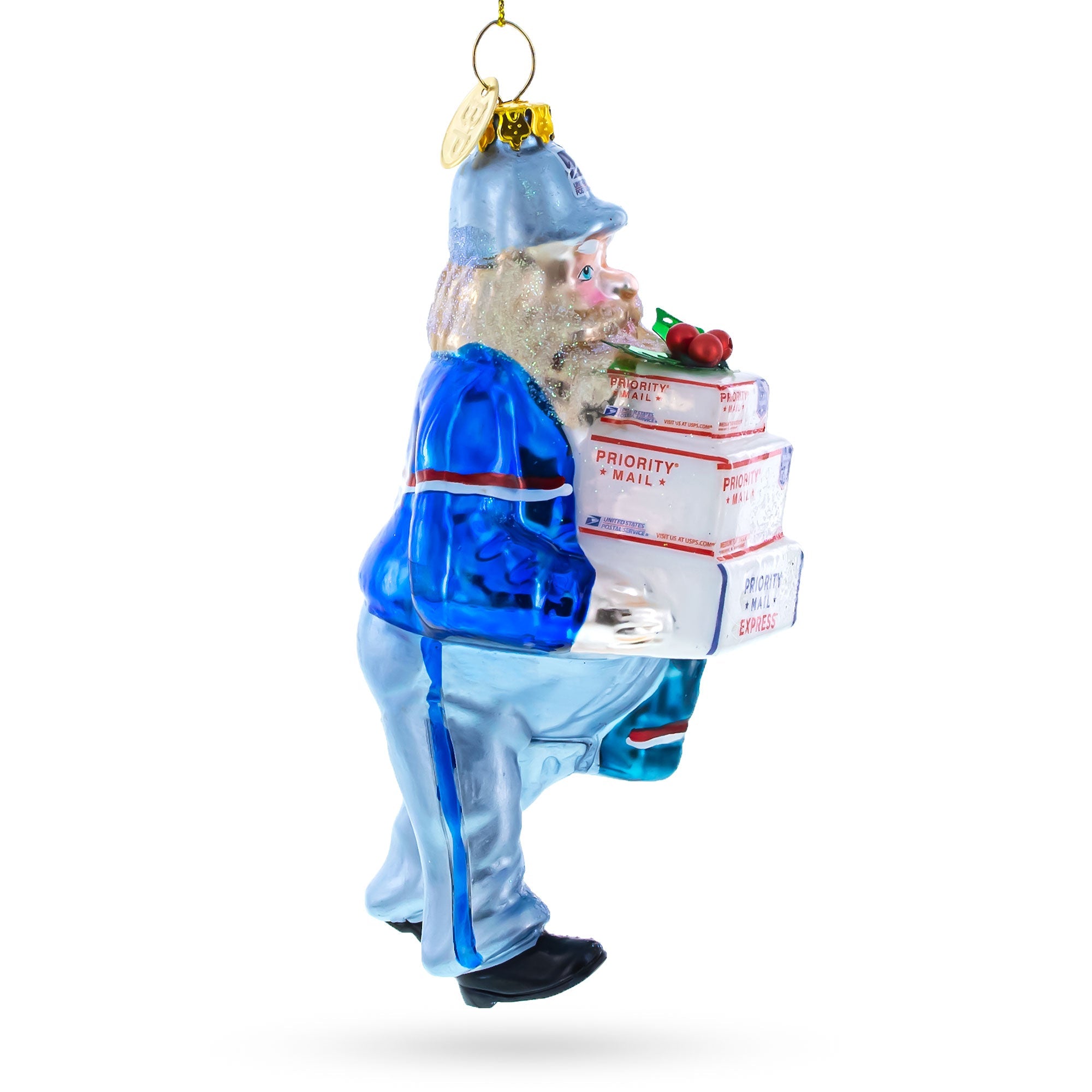 Mailman Delivering Priority Mail Blown Glass Christmas Ornament