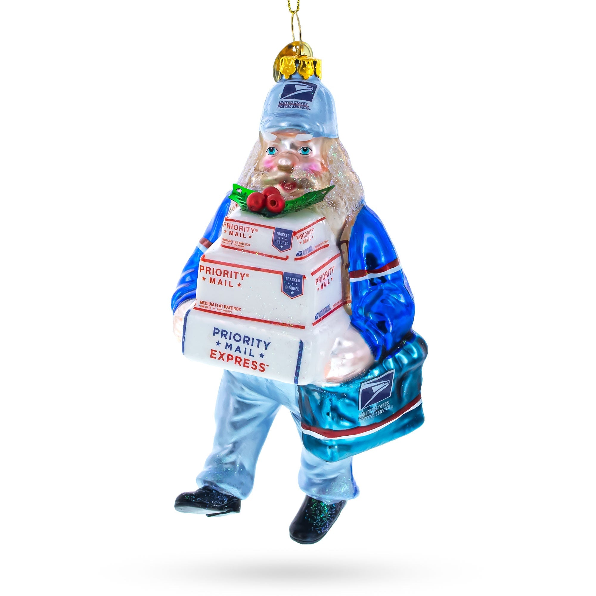 Mailman Delivering Priority Mail Blown Glass Christmas Ornament