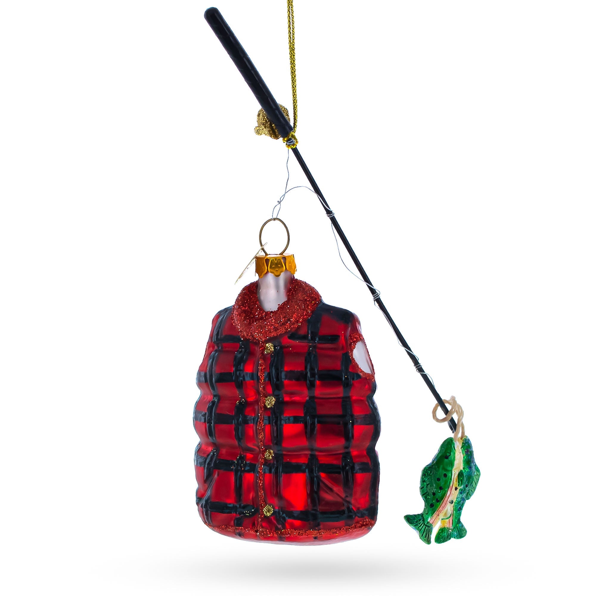 Fisherman Jacket And Rod Blown Glass Christmas Ornament