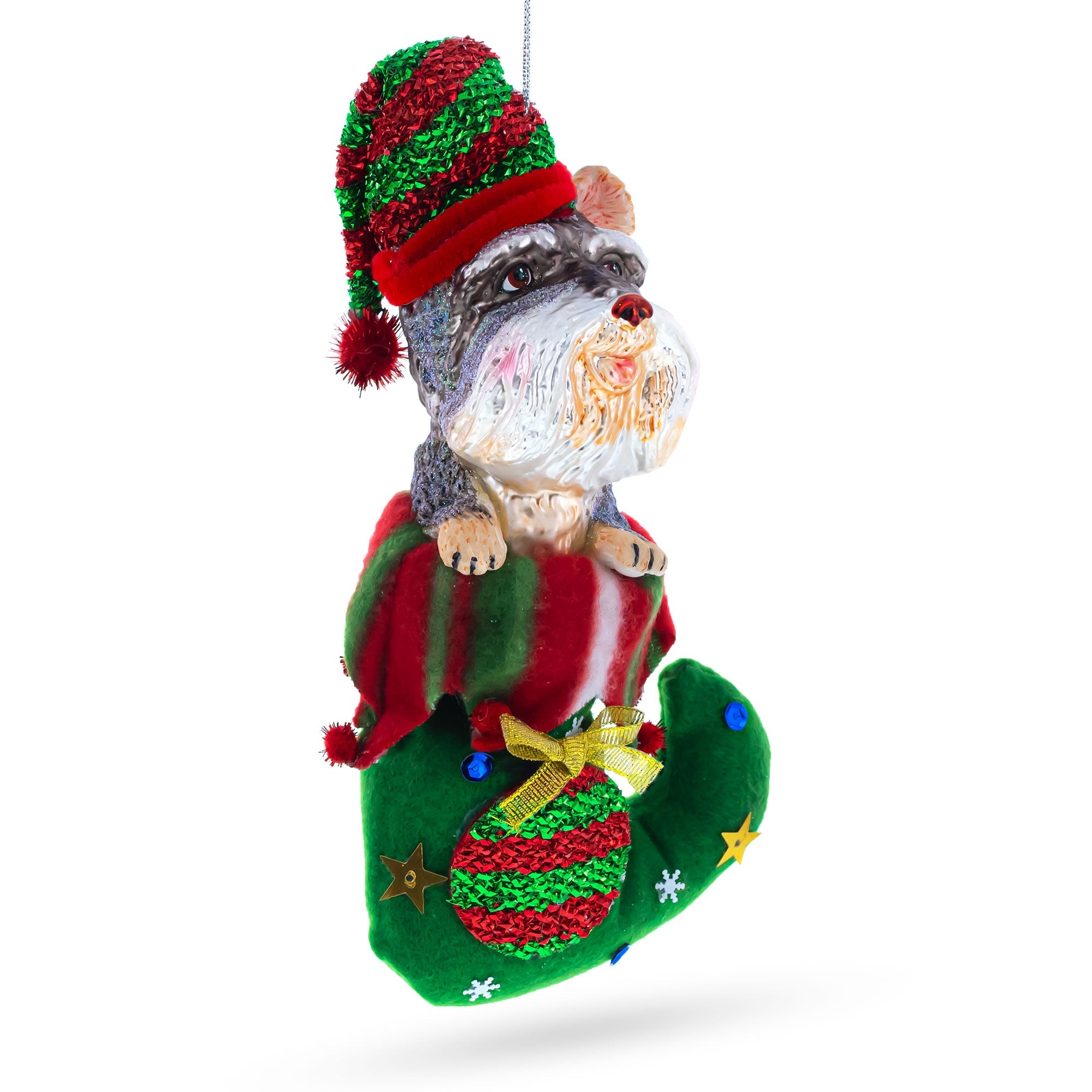 Puppy In Stocking Blown Glass Christmas Ornament