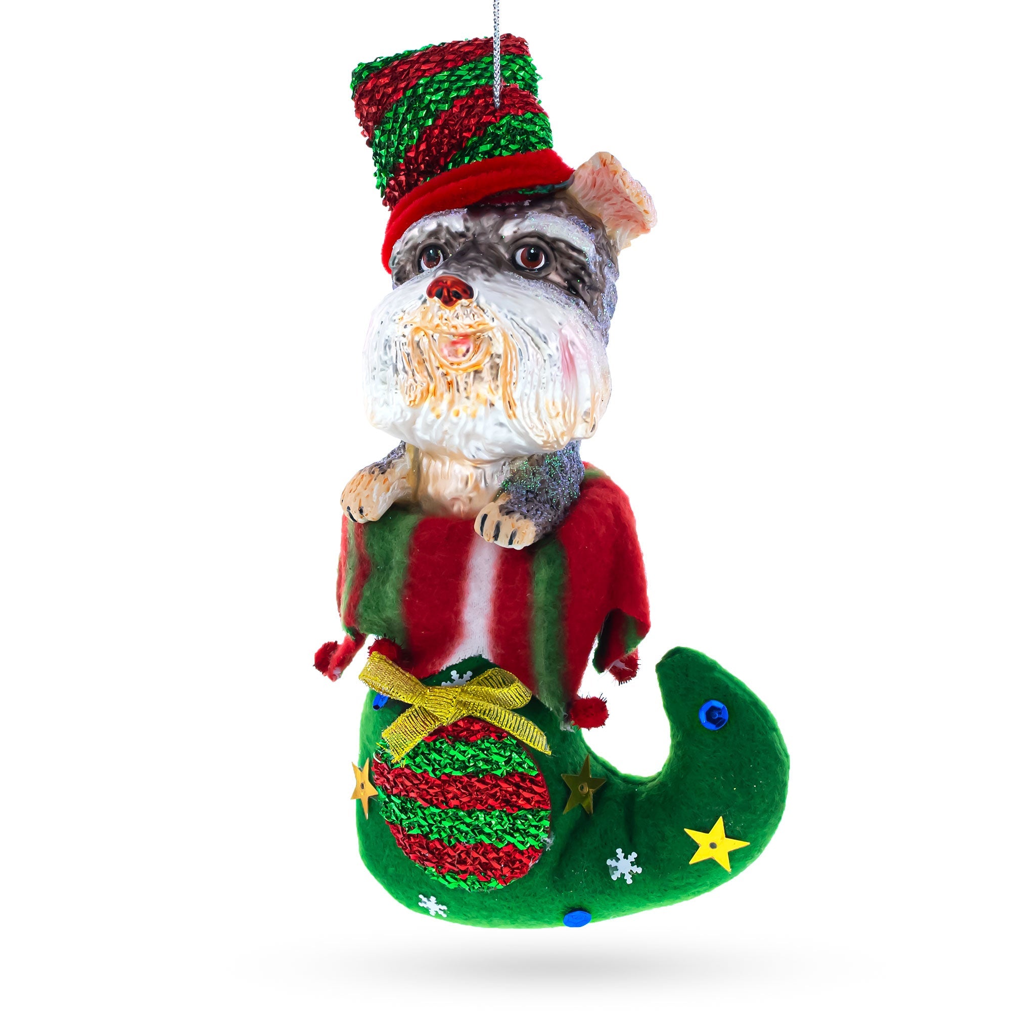 Puppy In Stocking Blown Glass Christmas Ornament