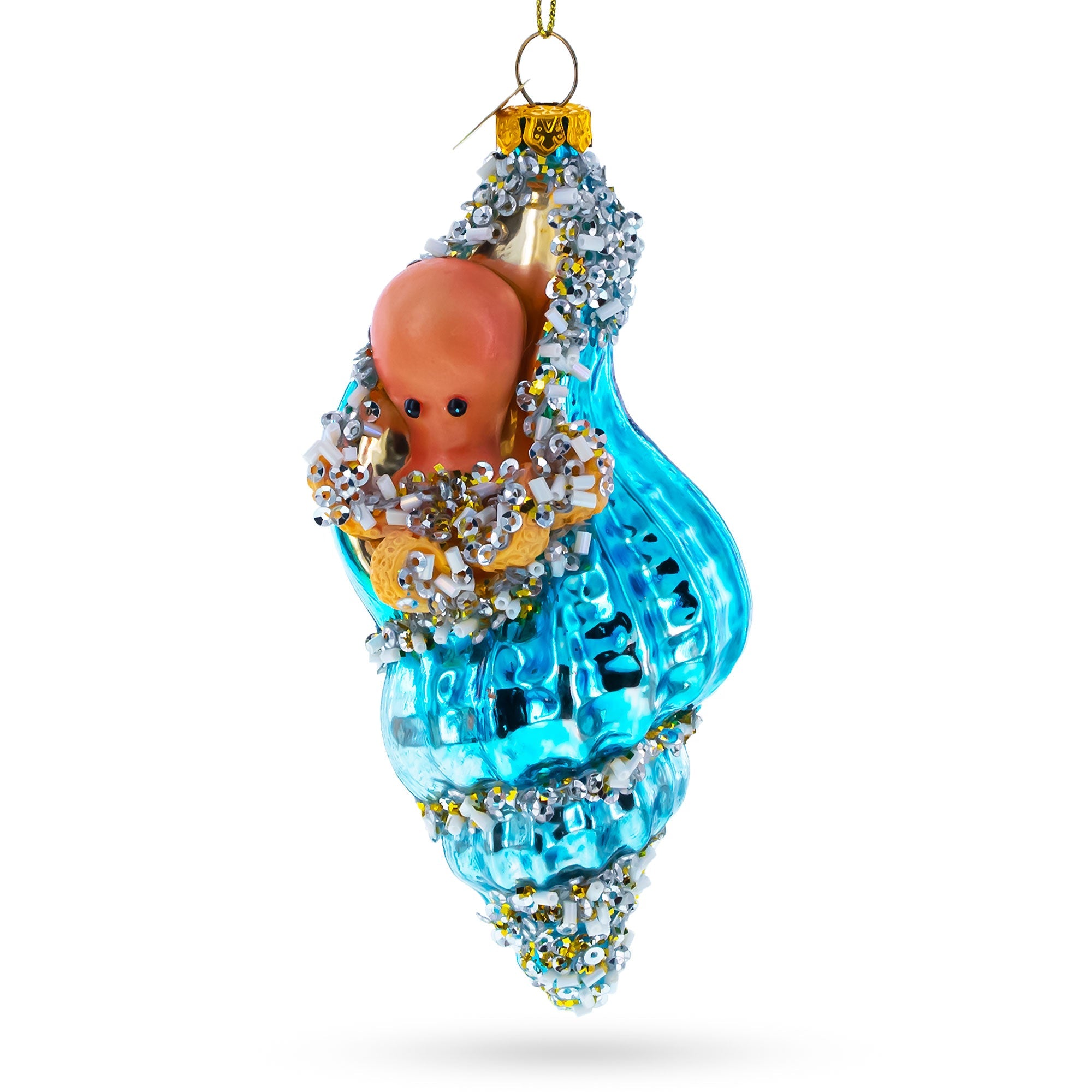 Octopus In Seashell Blown Glass Christmas Ornament