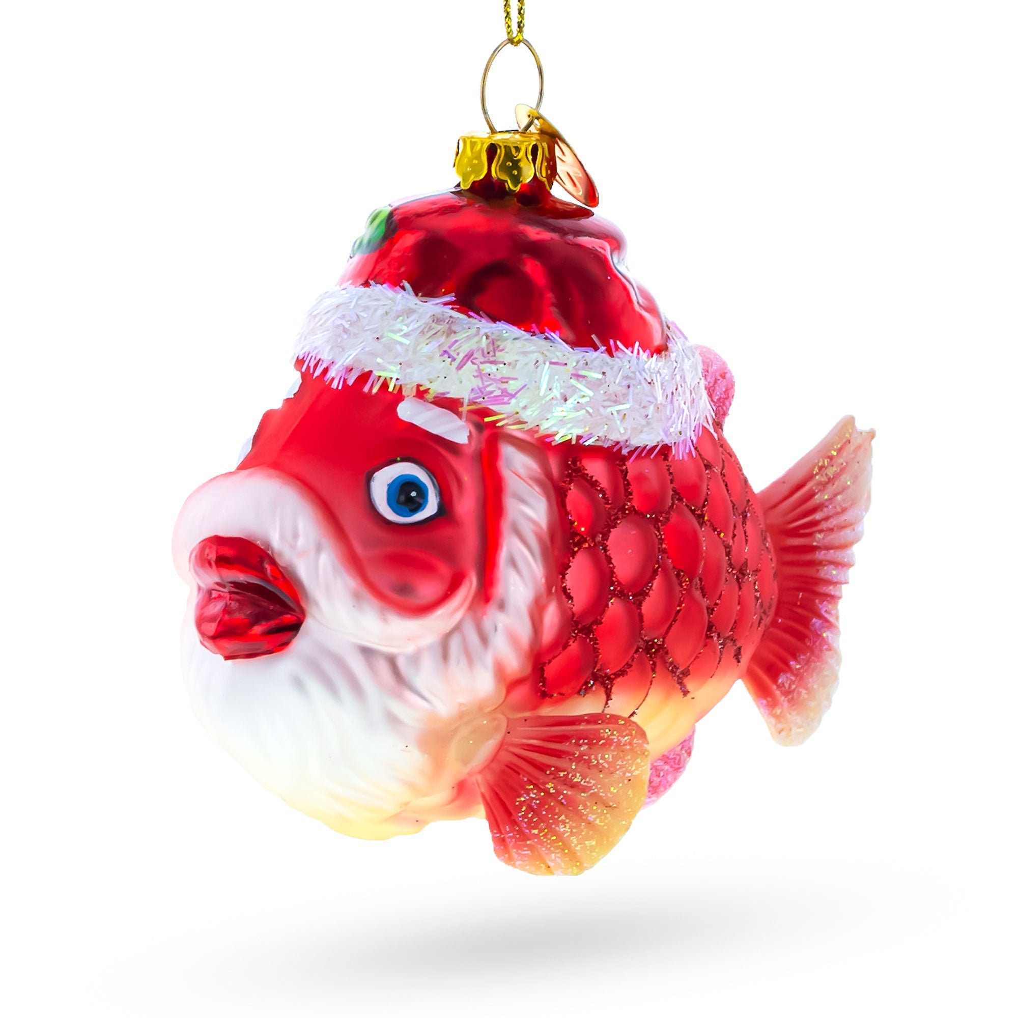 Grandpa Fish In Santa Hat Blown Glass Christmas Ornament