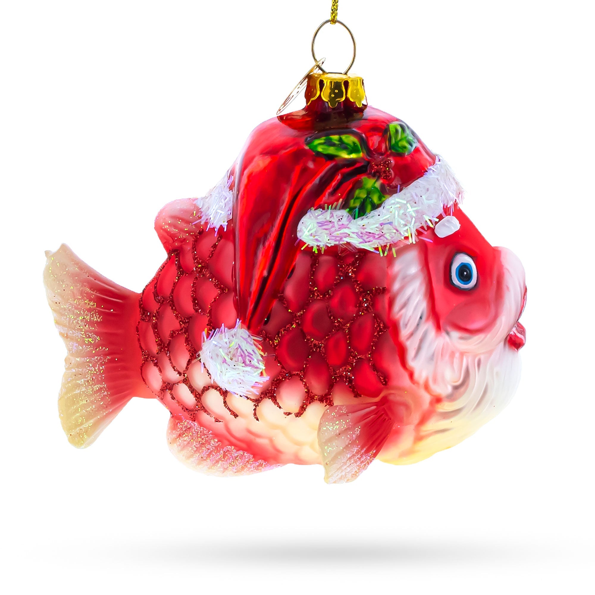 Grandpa Fish In Santa Hat Blown Glass Christmas Ornament