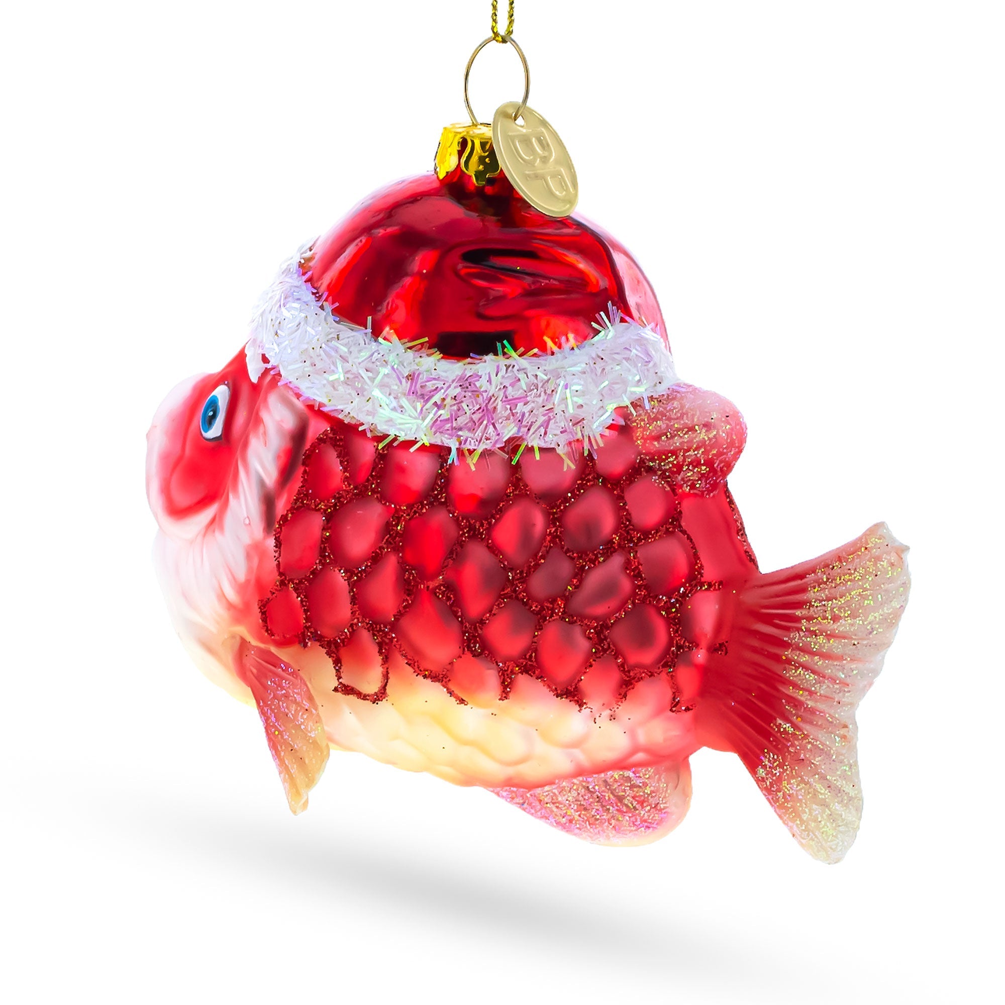 Grandpa Fish In Santa Hat Blown Glass Christmas Ornament