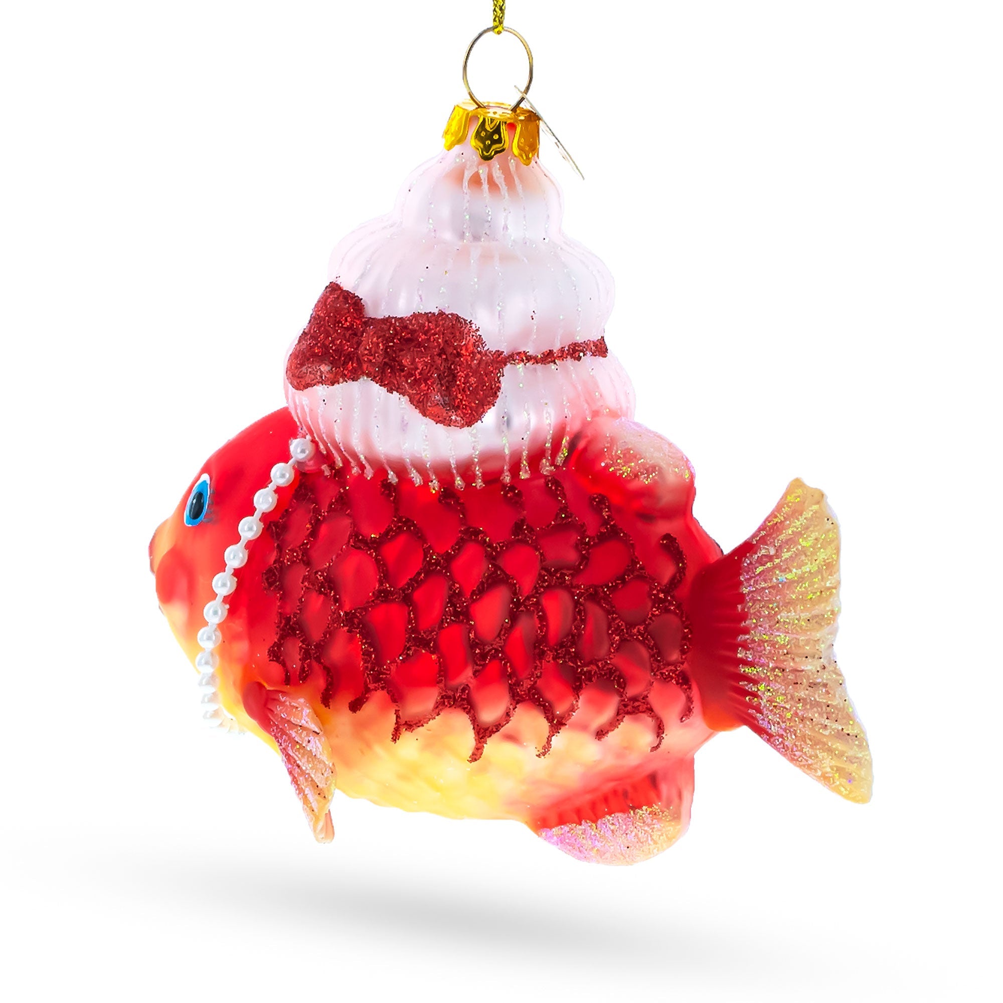 Grandma Fish In Santa Hat Blown Glass Christmas Ornament