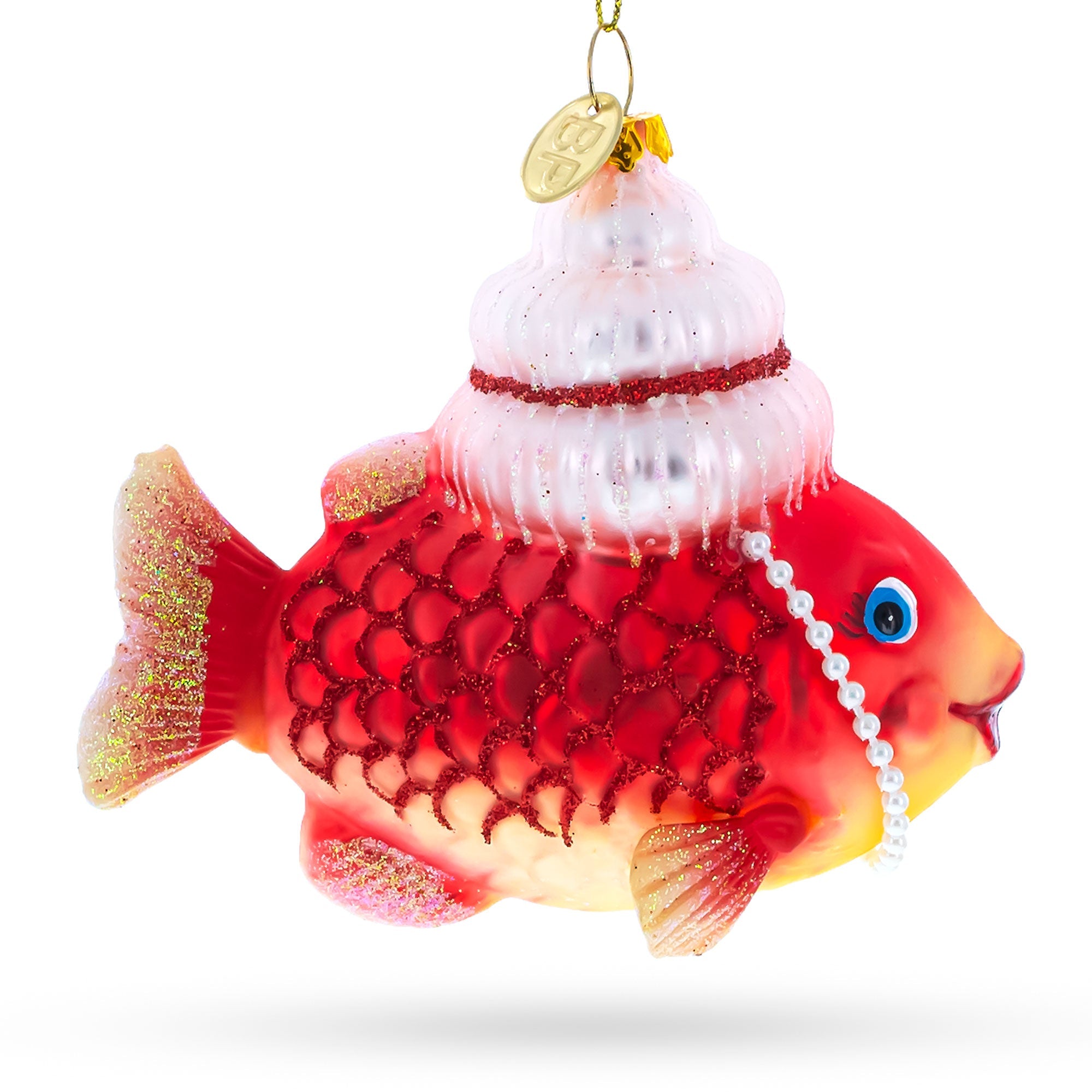 Grandma Fish In Santa Hat Blown Glass Christmas Ornament