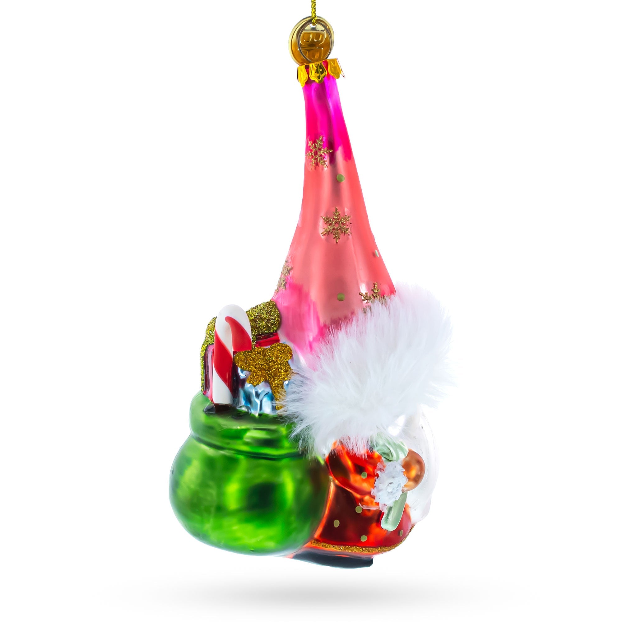 Gnome Carrying Gifts Blown Glass Christmas Ornament