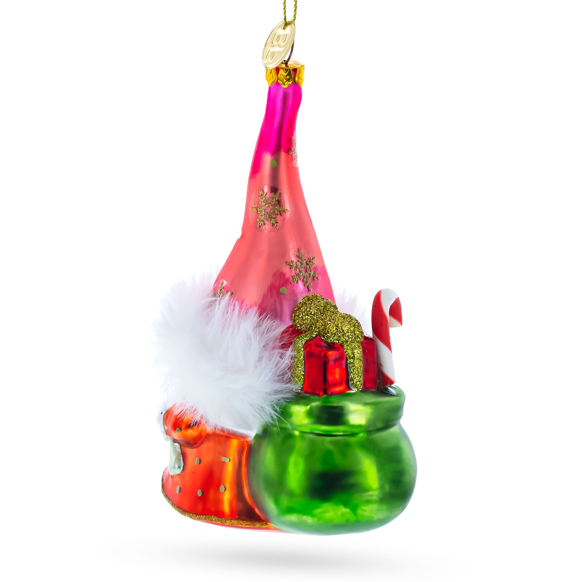 Gnome Carrying Gifts Blown Glass Christmas Ornament