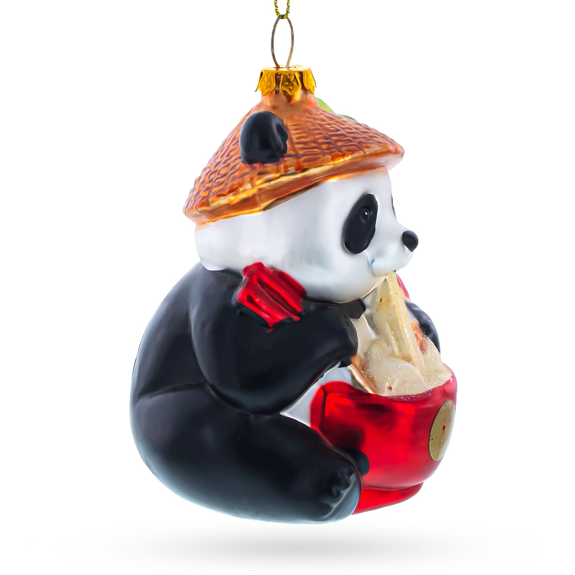 Panda Eating Ramen Blown Glass Christmas Ornament