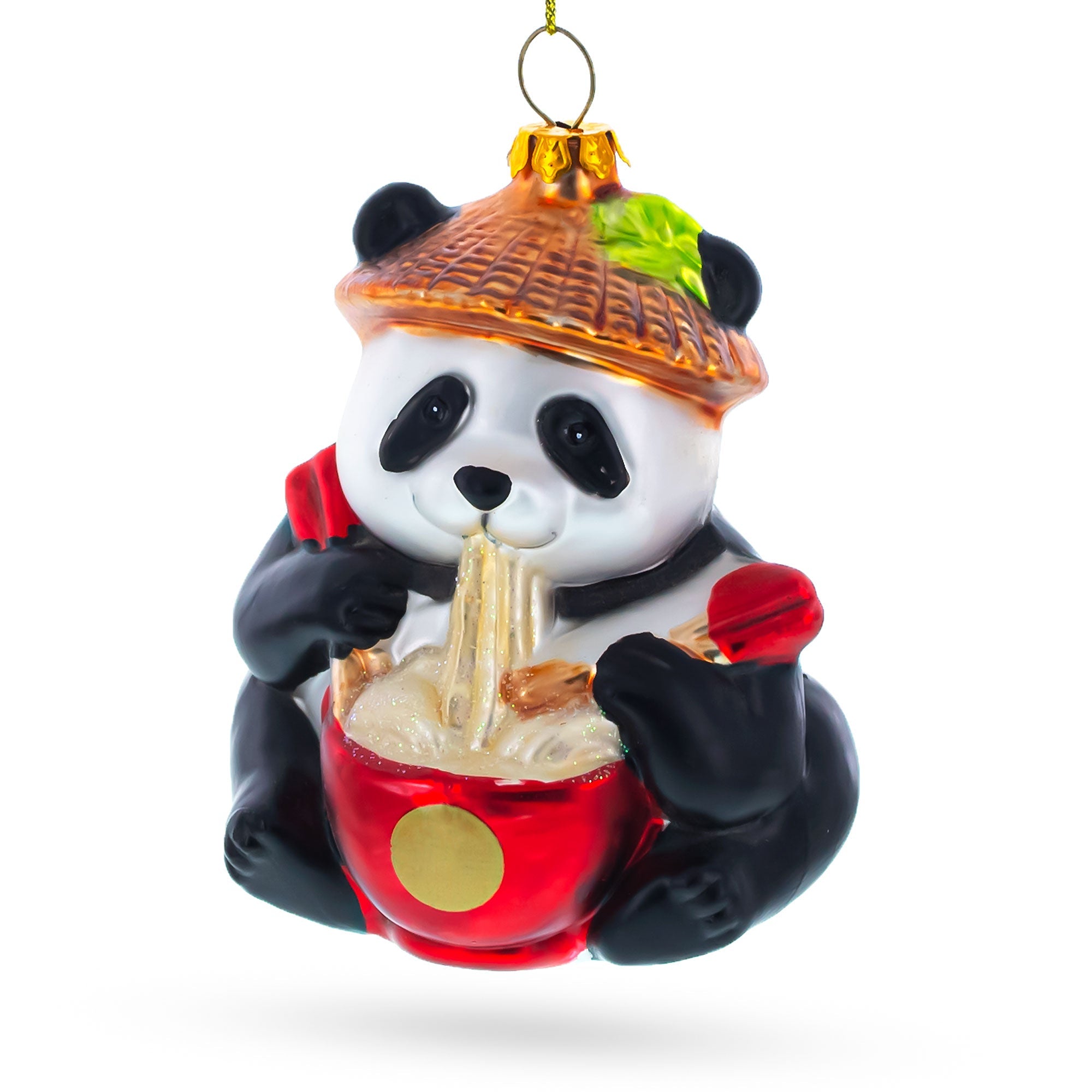 Panda Eating Ramen Blown Glass Christmas Ornament