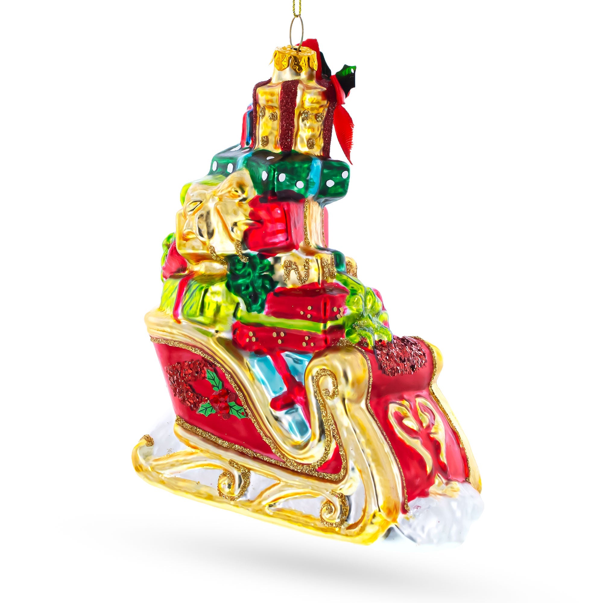 Sleigh Full Of Gifts Blown Glass Christmas Ornament