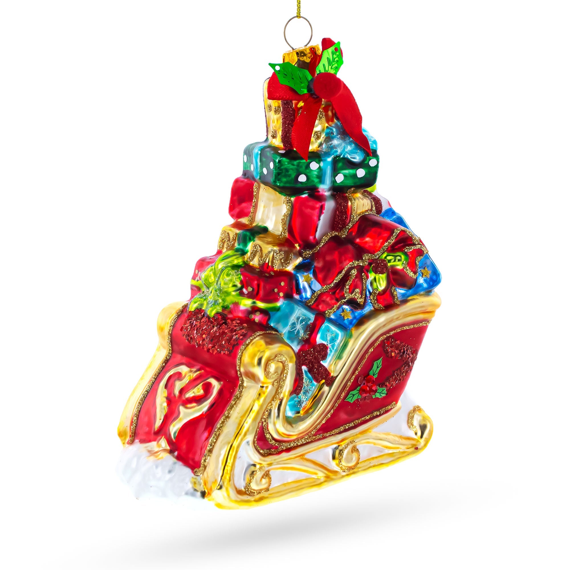 Sleigh Full Of Gifts Blown Glass Christmas Ornament