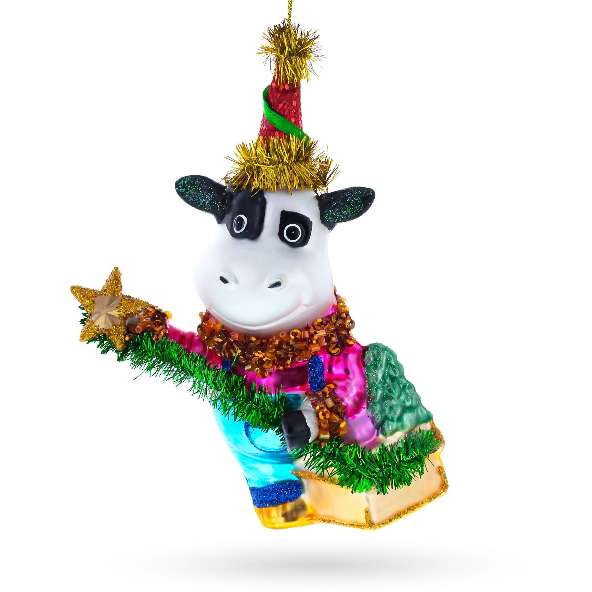 Cow Riding A Star Blown Glass Christmas Ornament