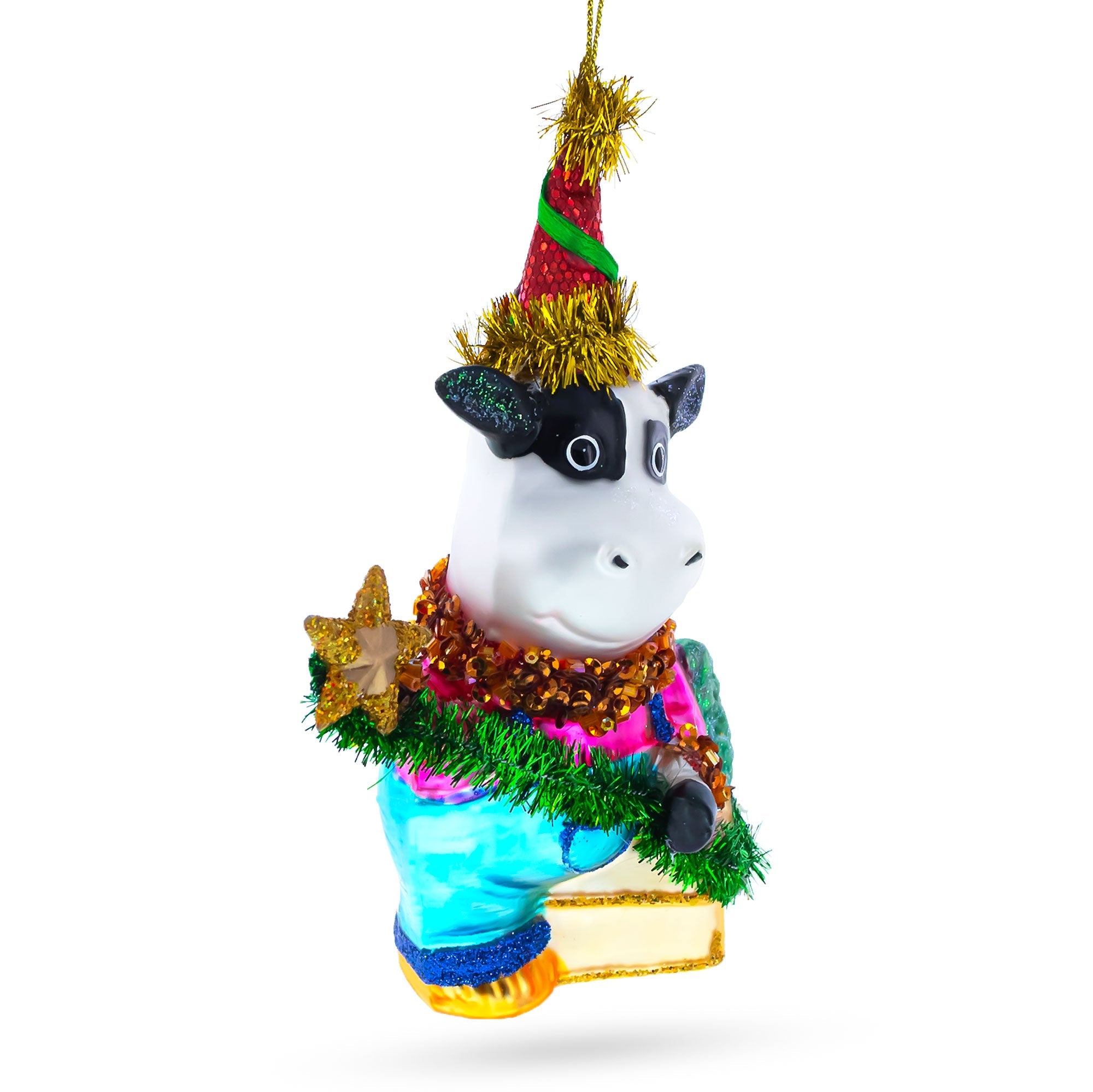 Cow Riding A Star Blown Glass Christmas Ornament