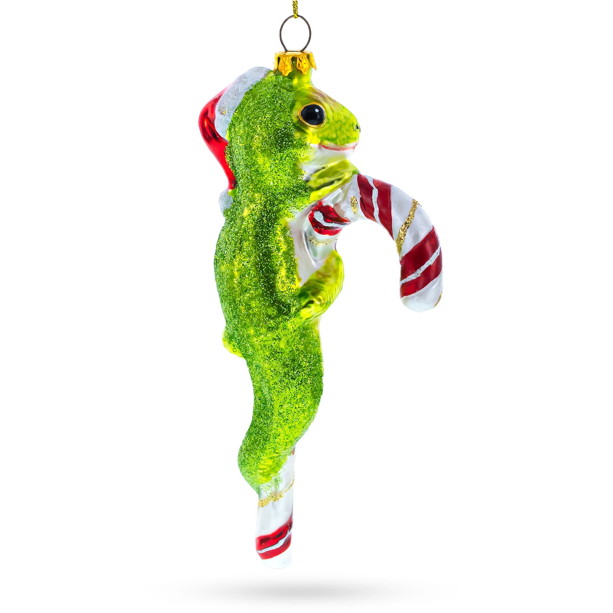 Gecko With Candy Cane Blown Glass Christmas Ornament