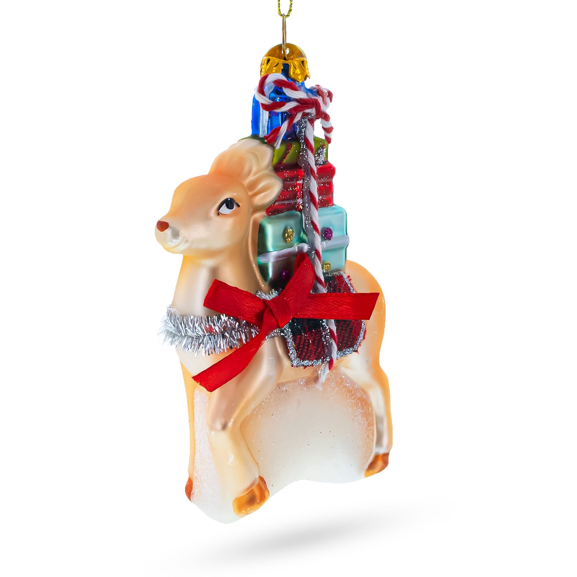 Deer Carrying Gifts Blown Glass Christmas Ornament