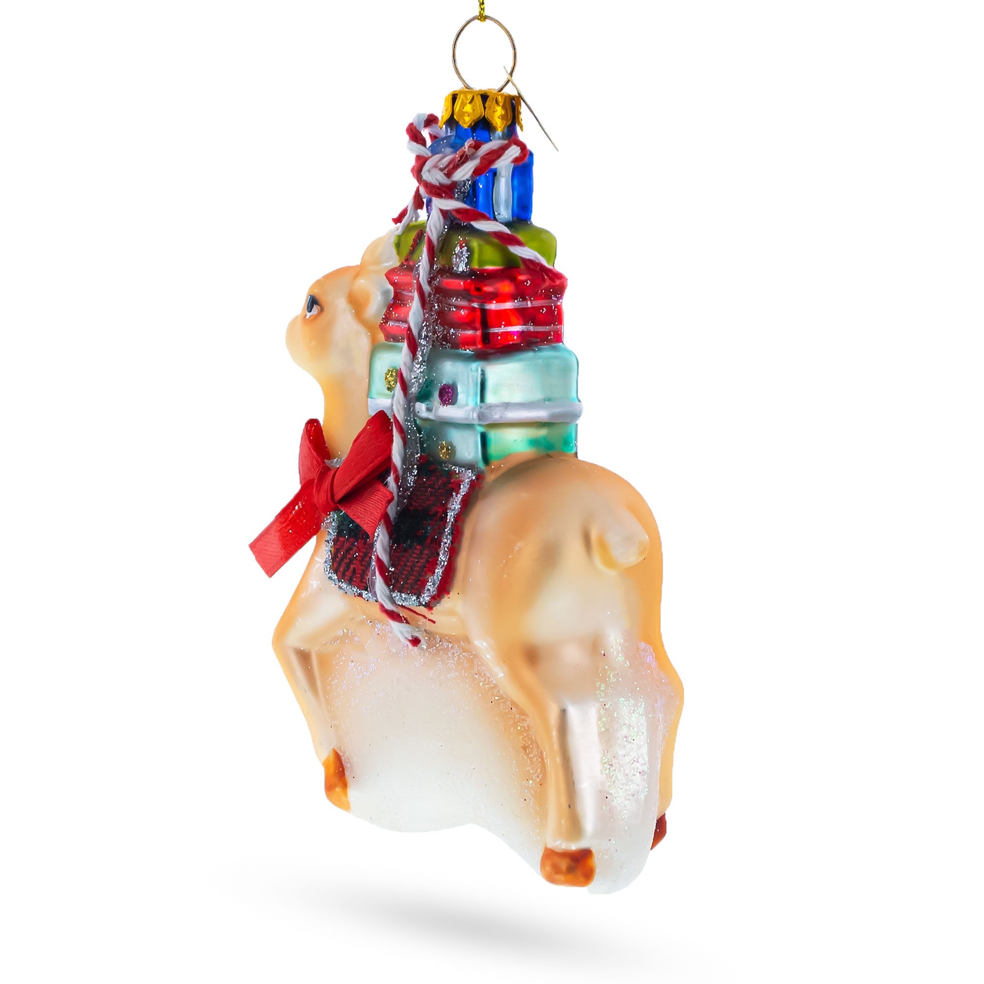 Deer Carrying Gifts Blown Glass Christmas Ornament