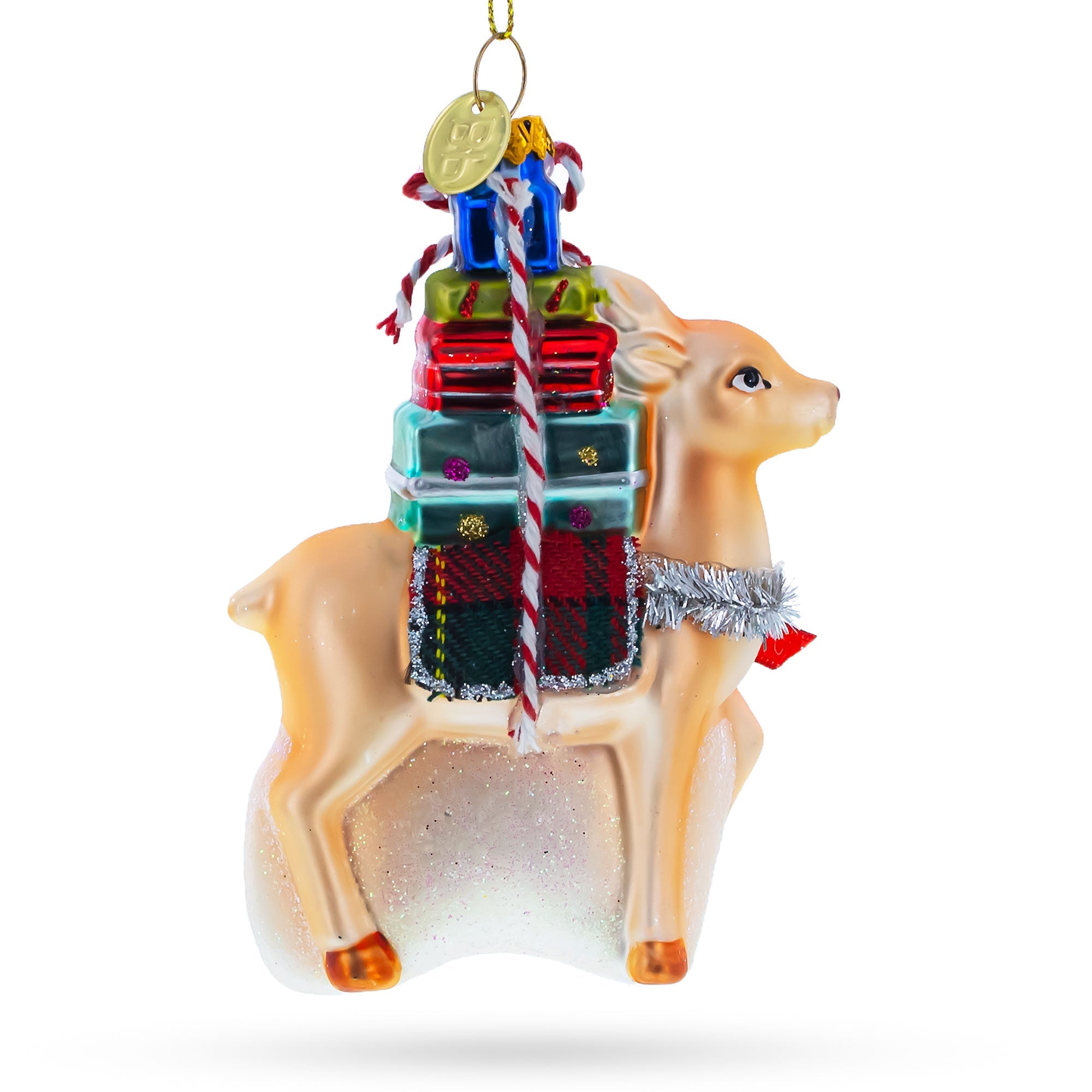 Deer Carrying Gifts Blown Glass Christmas Ornament