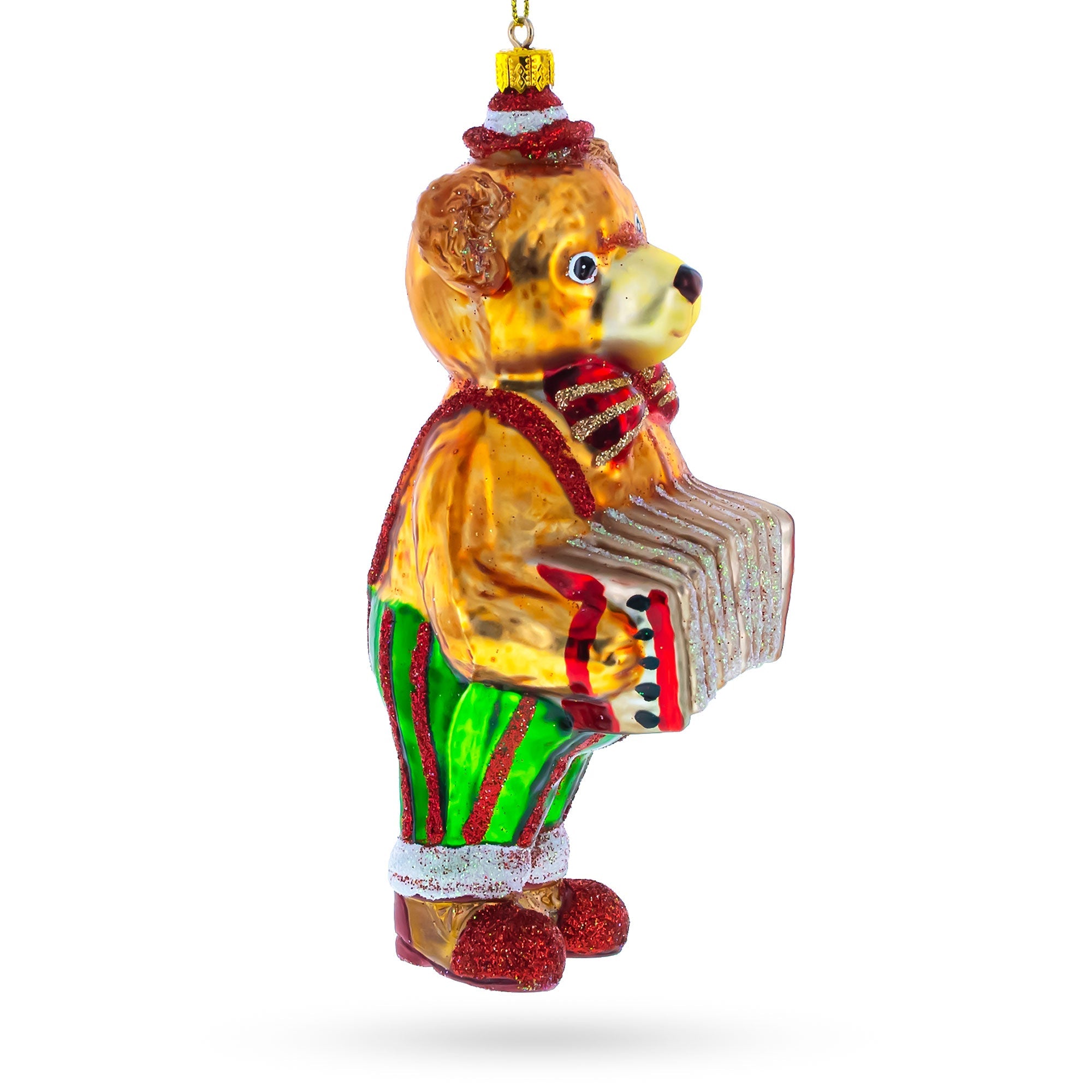 Bear Playing On Accordion Blown Glass Christmas Ornament