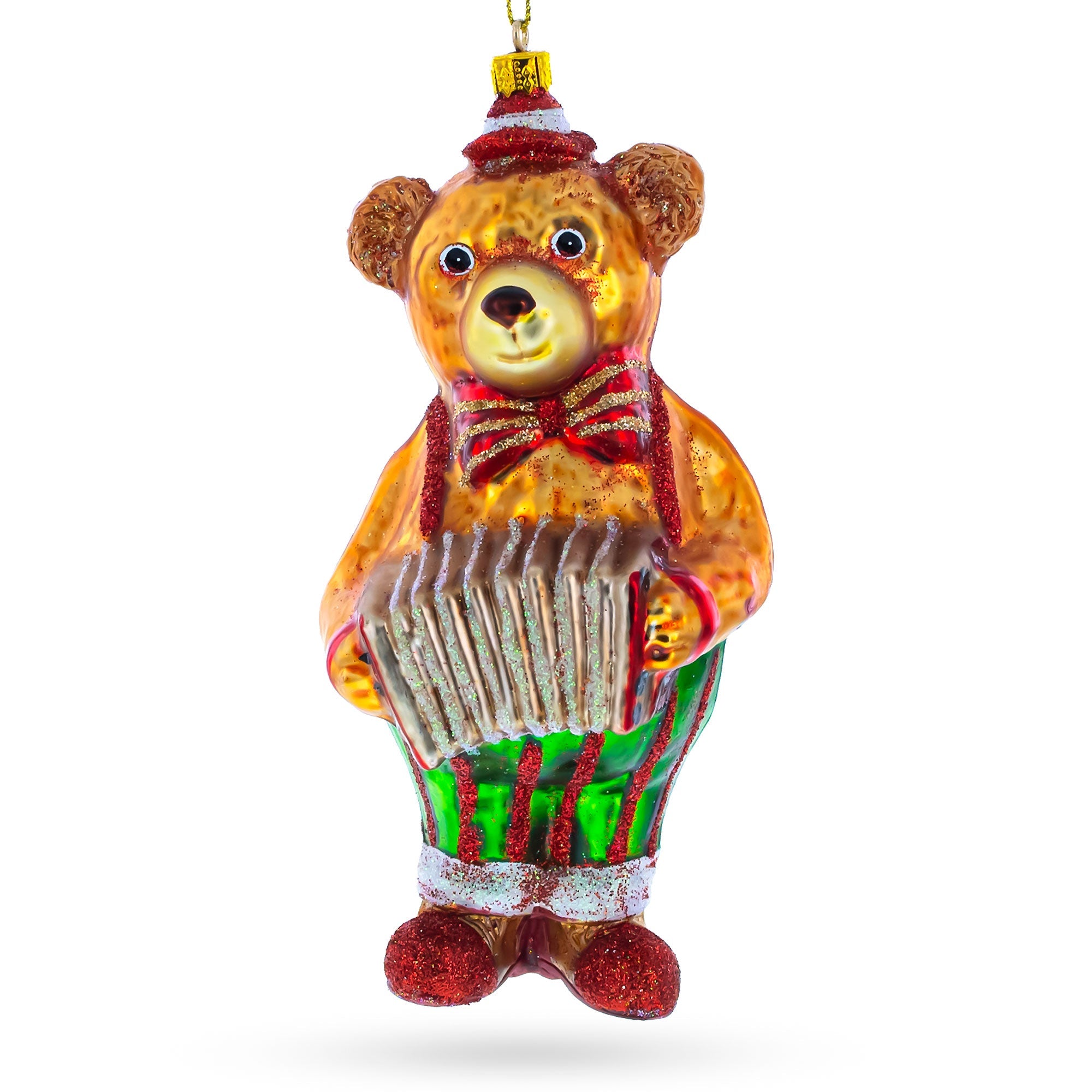 Bear Playing On Accordion Blown Glass Christmas Ornament