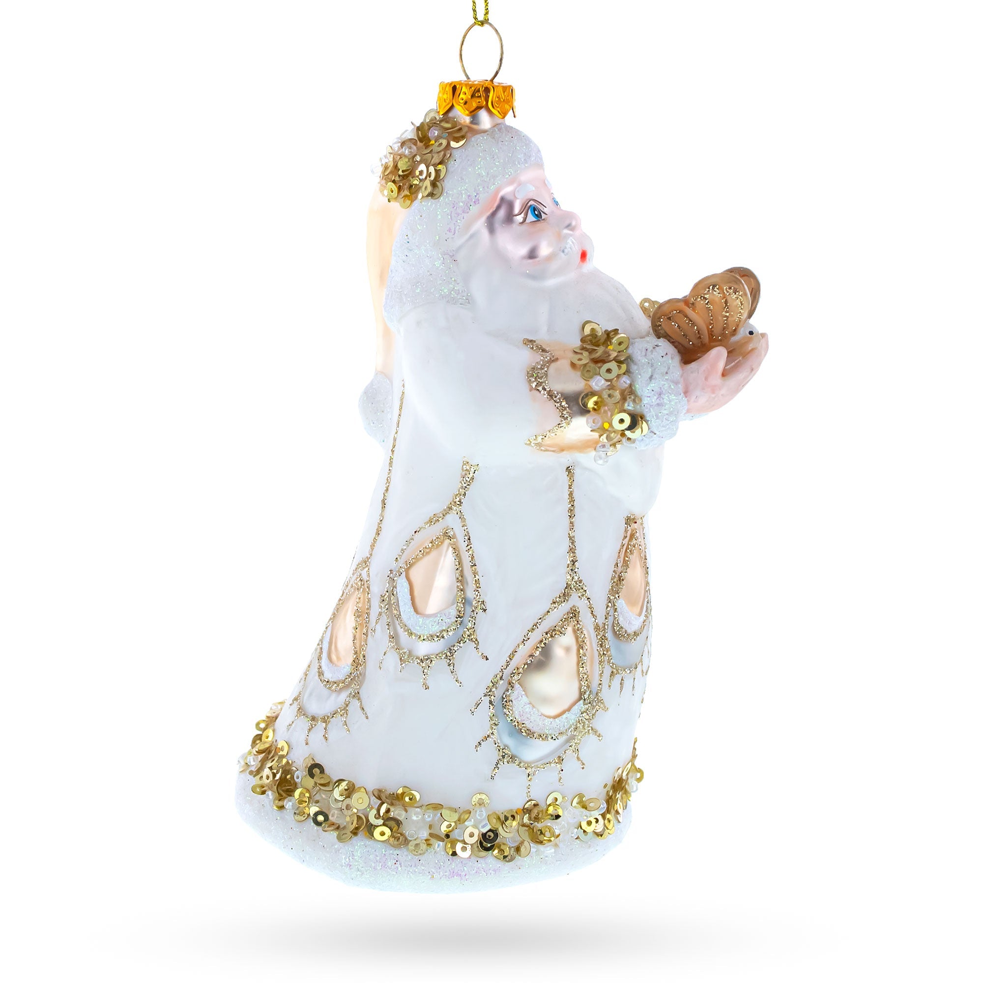 Santa In White Coat Blown Glass Christmas Ornament