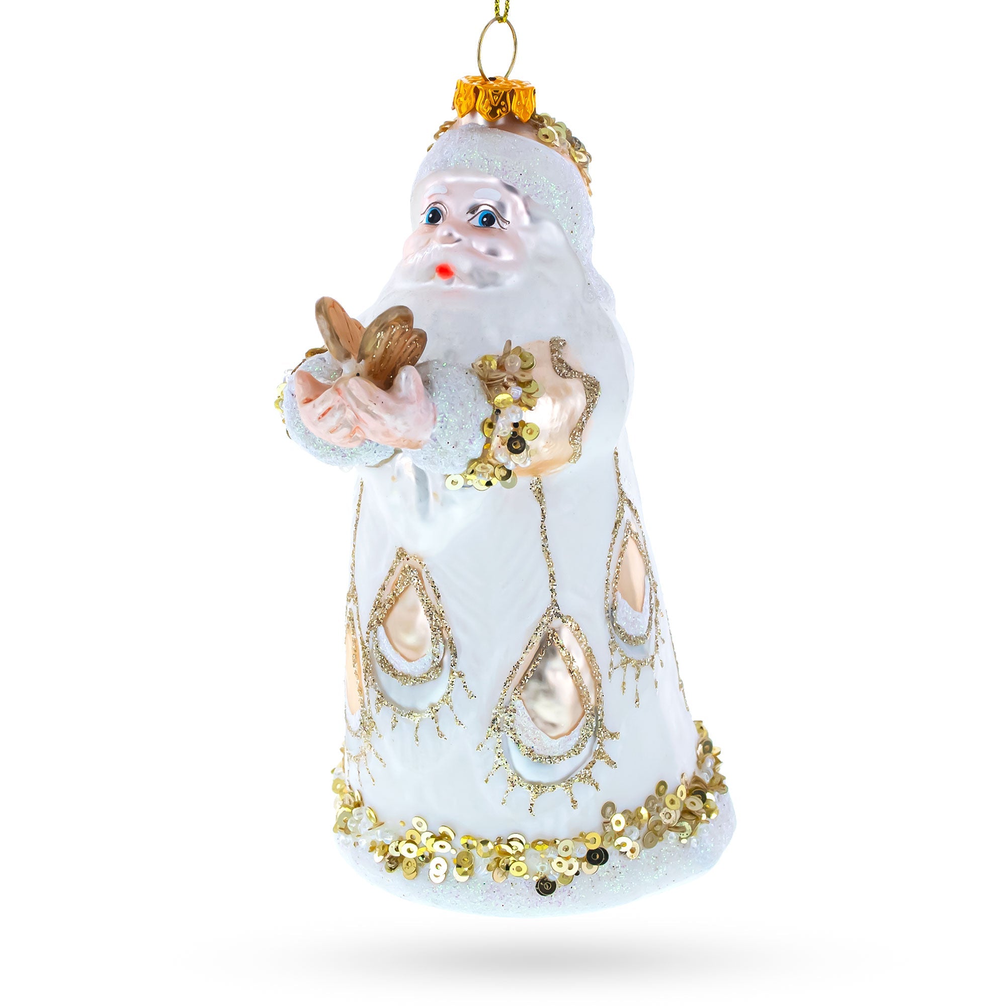 Santa In White Coat Blown Glass Christmas Ornament