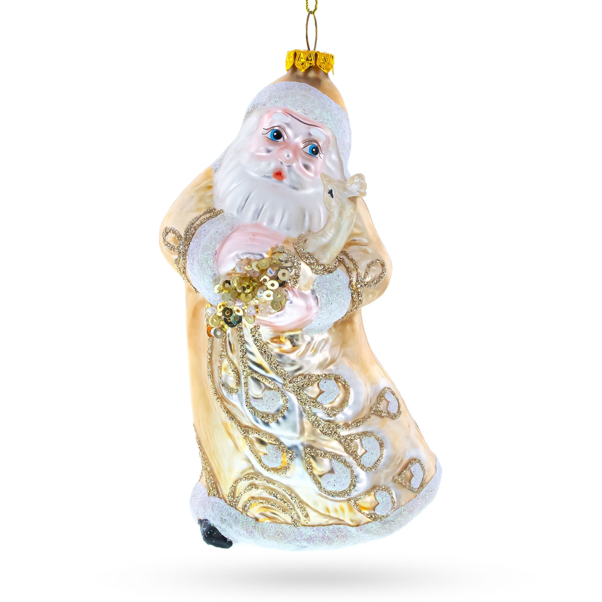 Santa In Golden Coat Blown Glass Christmas Ornament