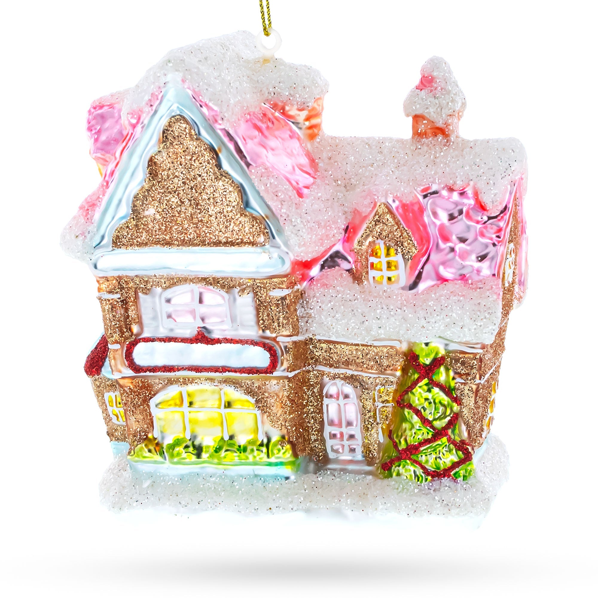 Decorated Gingerbread House Blown Glass Christmas Ornament