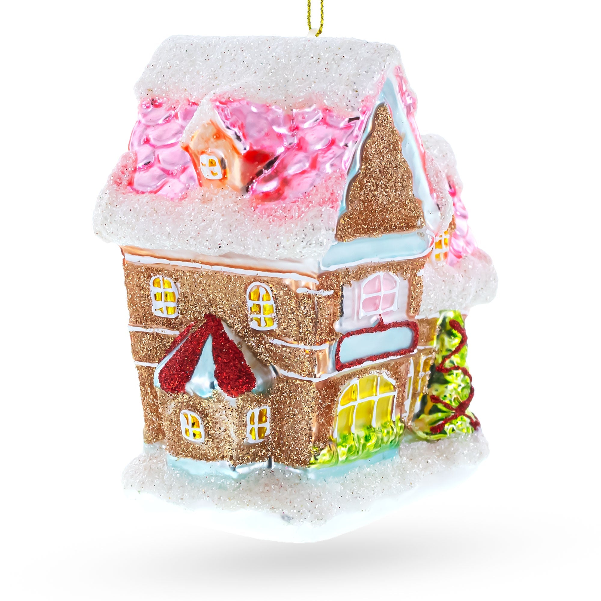 Decorated Gingerbread House Blown Glass Christmas Ornament