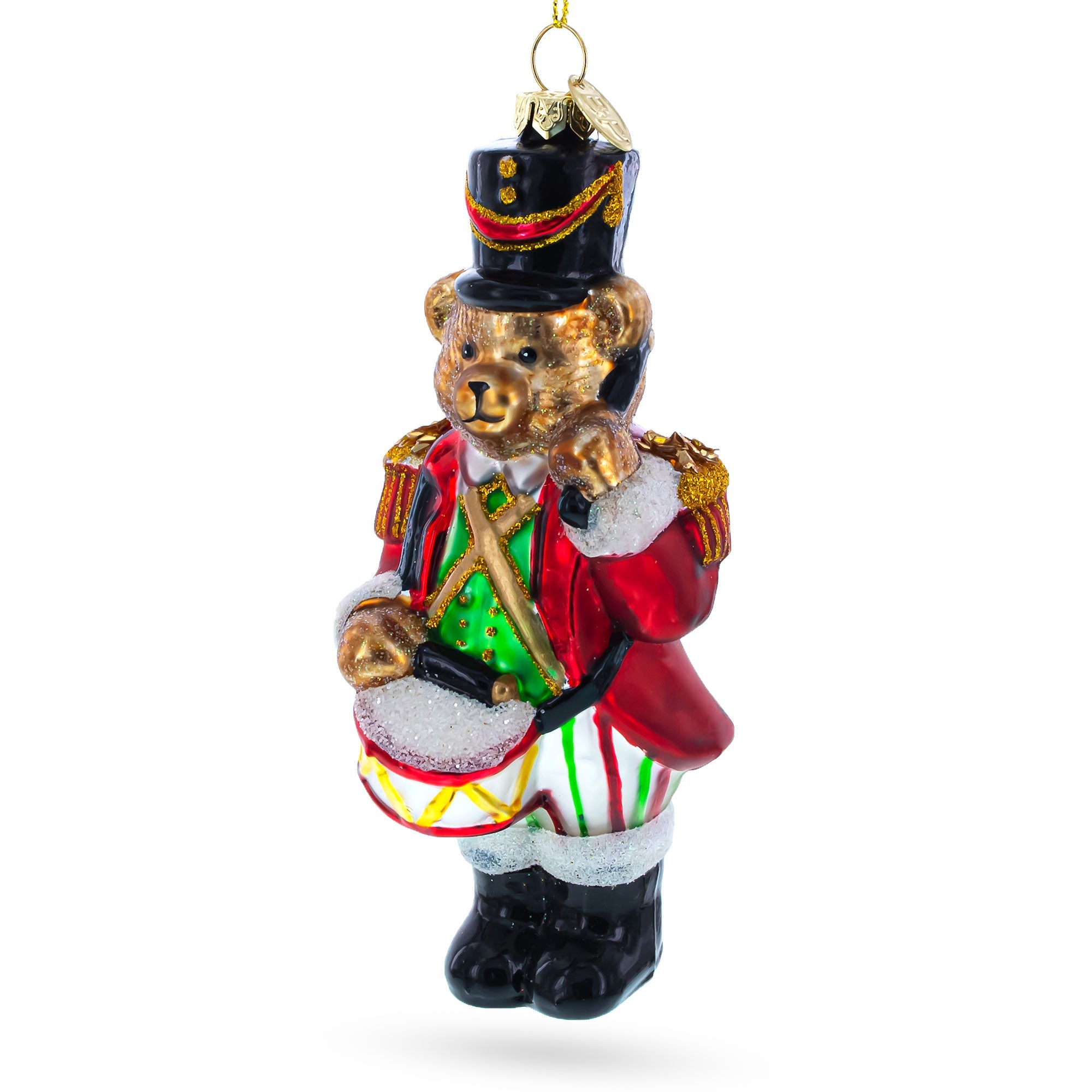 Teddy Bear Drummer Blown Glass Christmas Ornament